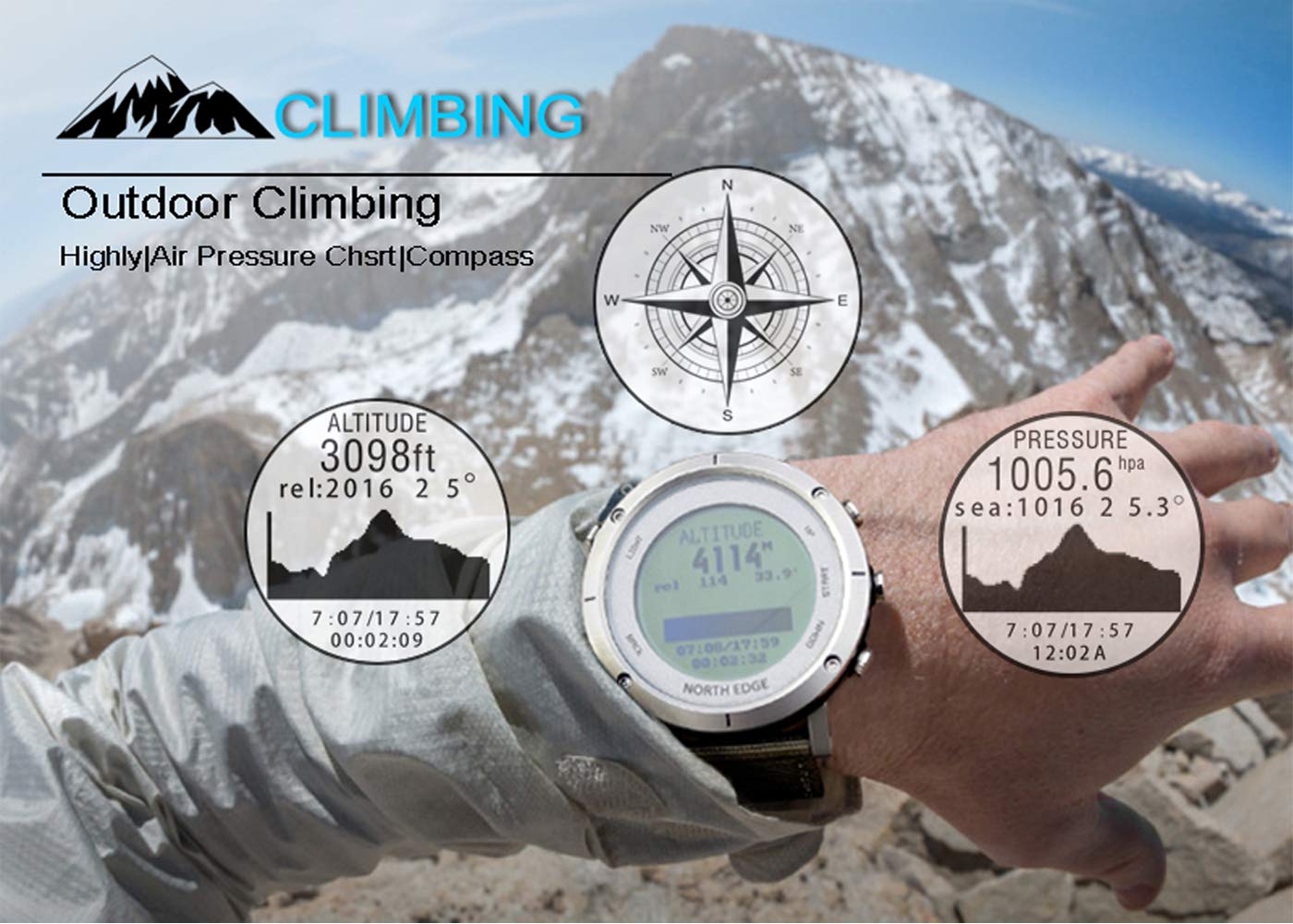 Wielofunkcyjny outdoorowy sportowy alpinizm zegarek kompas barometr światło krokowe czujnik tętna licznik, srebrny
