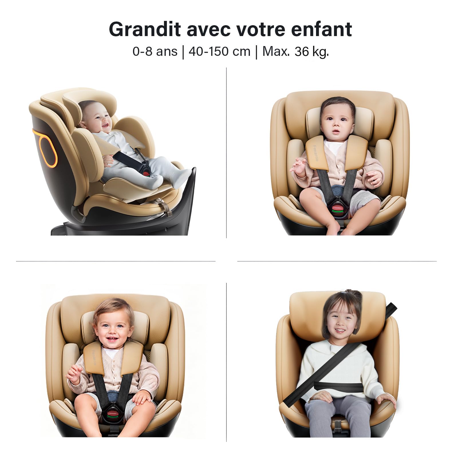 AS5 i-Size Siège Auto,Pivotant 360,ISOFIX,Ergonomic,Réglable,Beige | Refroidissement Double Zone, Commande Vocale, 0-8 Ans, 40-150 cm(max. 25kg),7 Inclinaisons, Harnais 5pts,Installation Facile