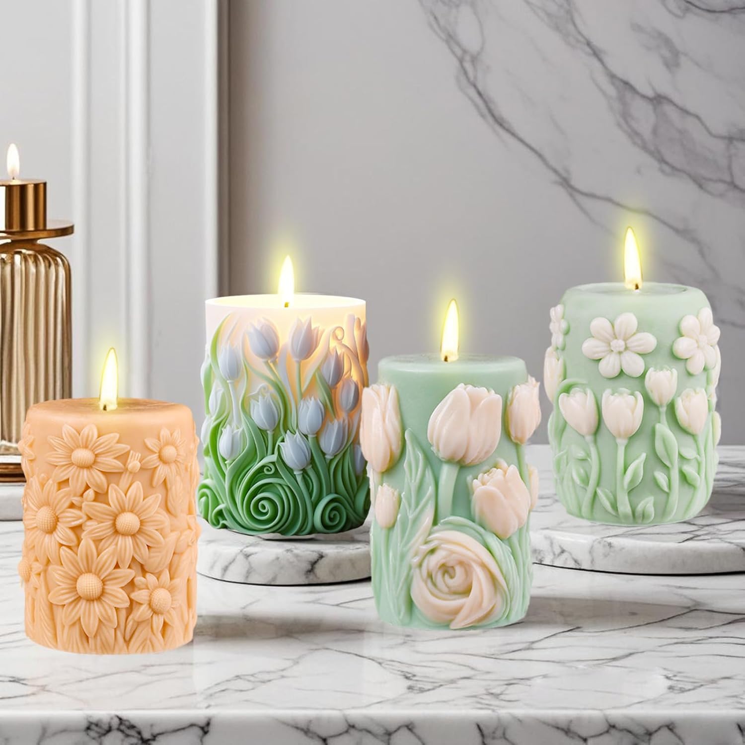 4 Pack Flower Cylinder Candle Molds, Flower Silicone Candle Molds, Resin Casting Silicone Molds for DIY Candle Making, Epoxy Resin Craft, Silicone Candle Making Supplies, Soap & Home Decoration
