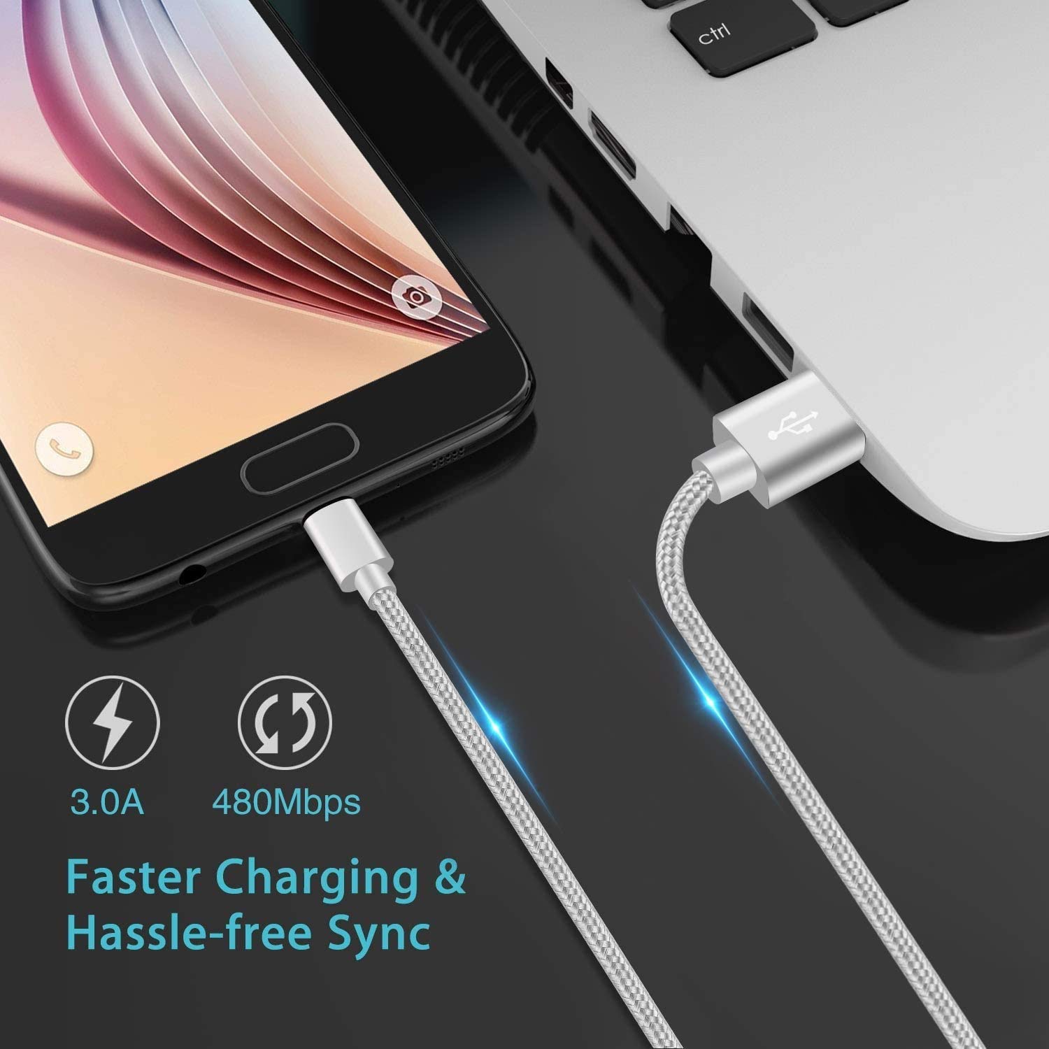 Cavo USB-C Lungo 1,8m Per Galaxy A12/A32/A42/A52/A72, Ricarica Rapida E Sincronizzazione, Intrecciato Bianco