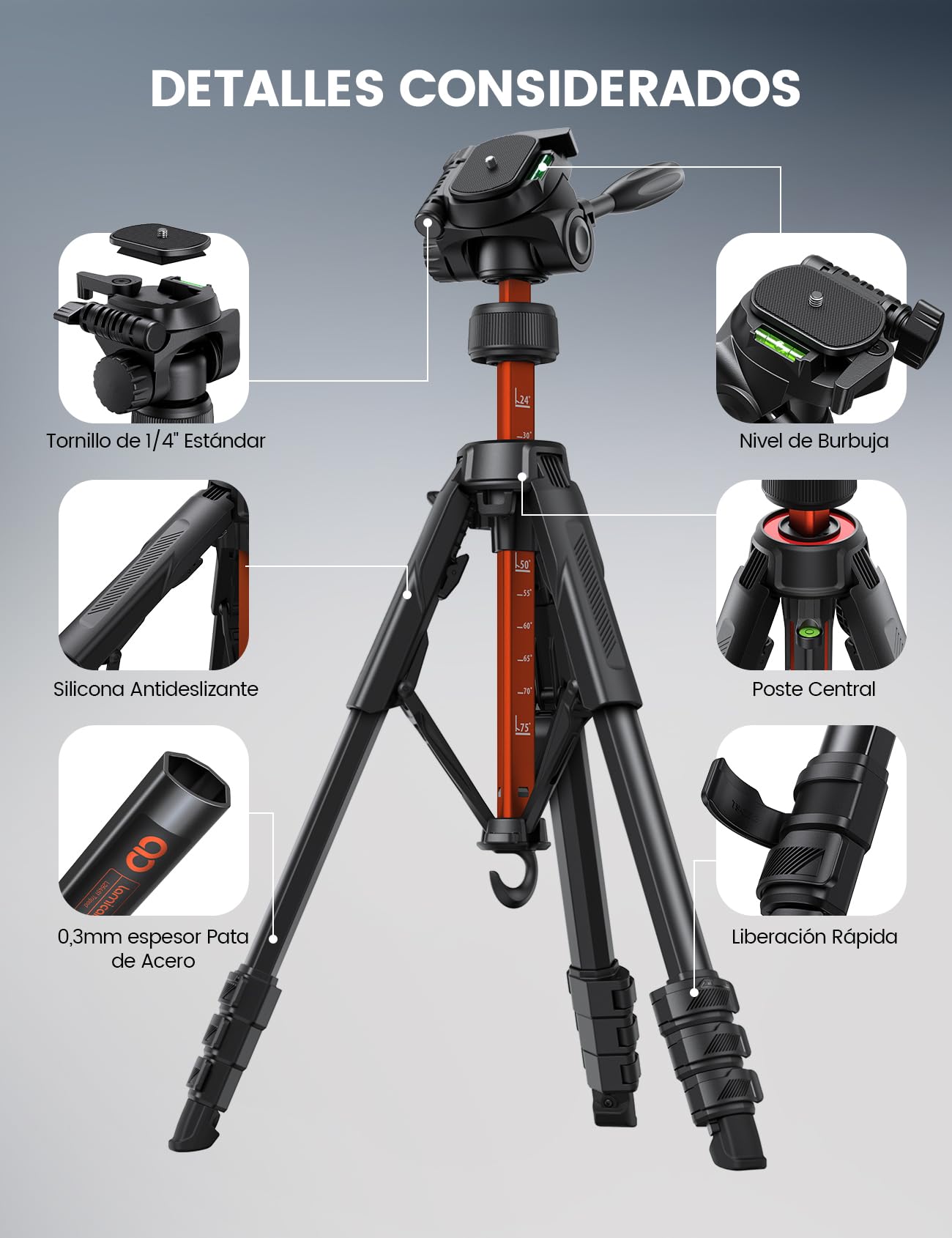 Lamicall Trípode para Cámara, Tripode para Móvil - [Patentadas Patas de Despliegue Rápido] [8KG Carga Máxima] 3 Vías Cabezal Panorámico, Soporte Cámara con Clip de Teléfono, para DSLR, iPhone y GoPro