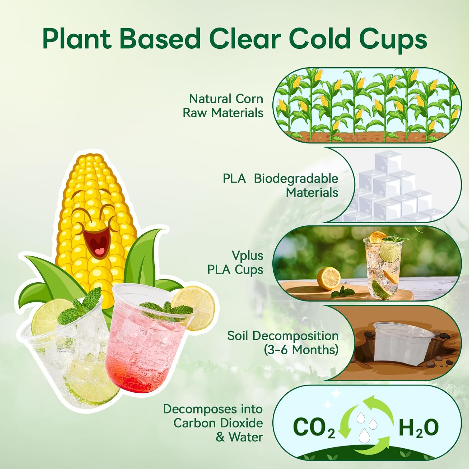 Vplus 12 oz Compostable Clear Plastic Cold Cups, 100 Pack Biodegradable Disposable Cups, BPA & PFAS Free, Plant-Based Plastic Cups for Juice, Wine, Parties, Weddings, and Everyday Use