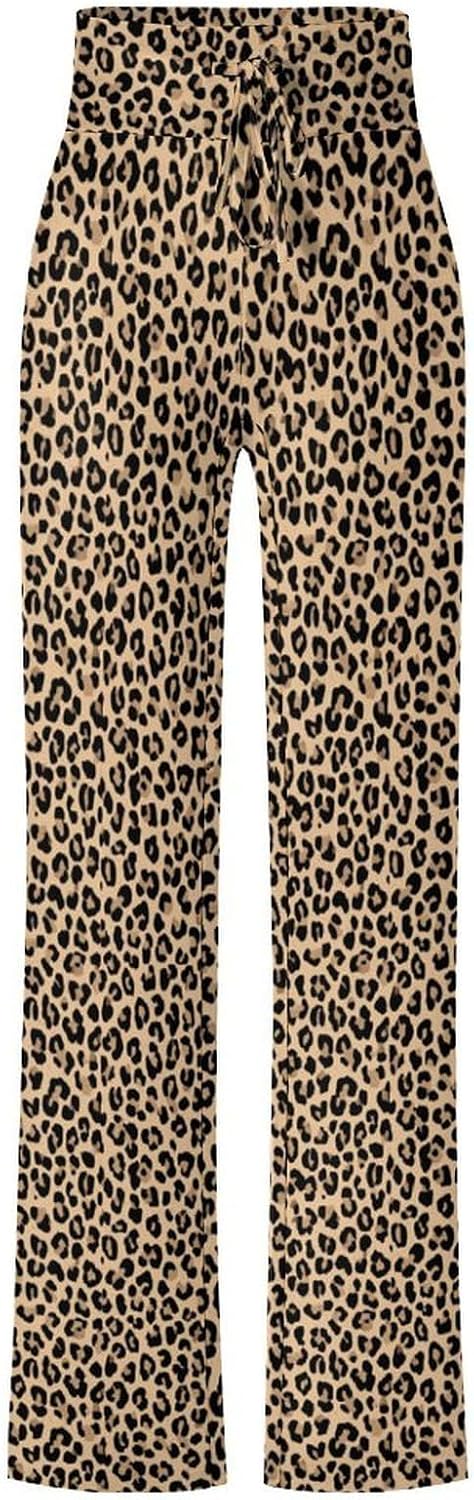 Costaric Women's Striped Palazzo Pants Leopard Wide Leg Lounge Pant Casual Baggy Elastic Waist Straight Drawstring Trousers