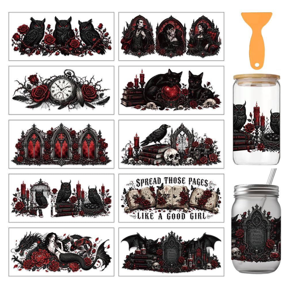 arricraft 10 Sheets Halloween Theme UV DTF Cup Wrap for 16OZ Glass, Dark Gothic Vampire Raven Red Rose Rub on Decals PVC Transfer Stickers for DIY Cups Window Home Printing Decoration 9.4x4.3inch — image 1