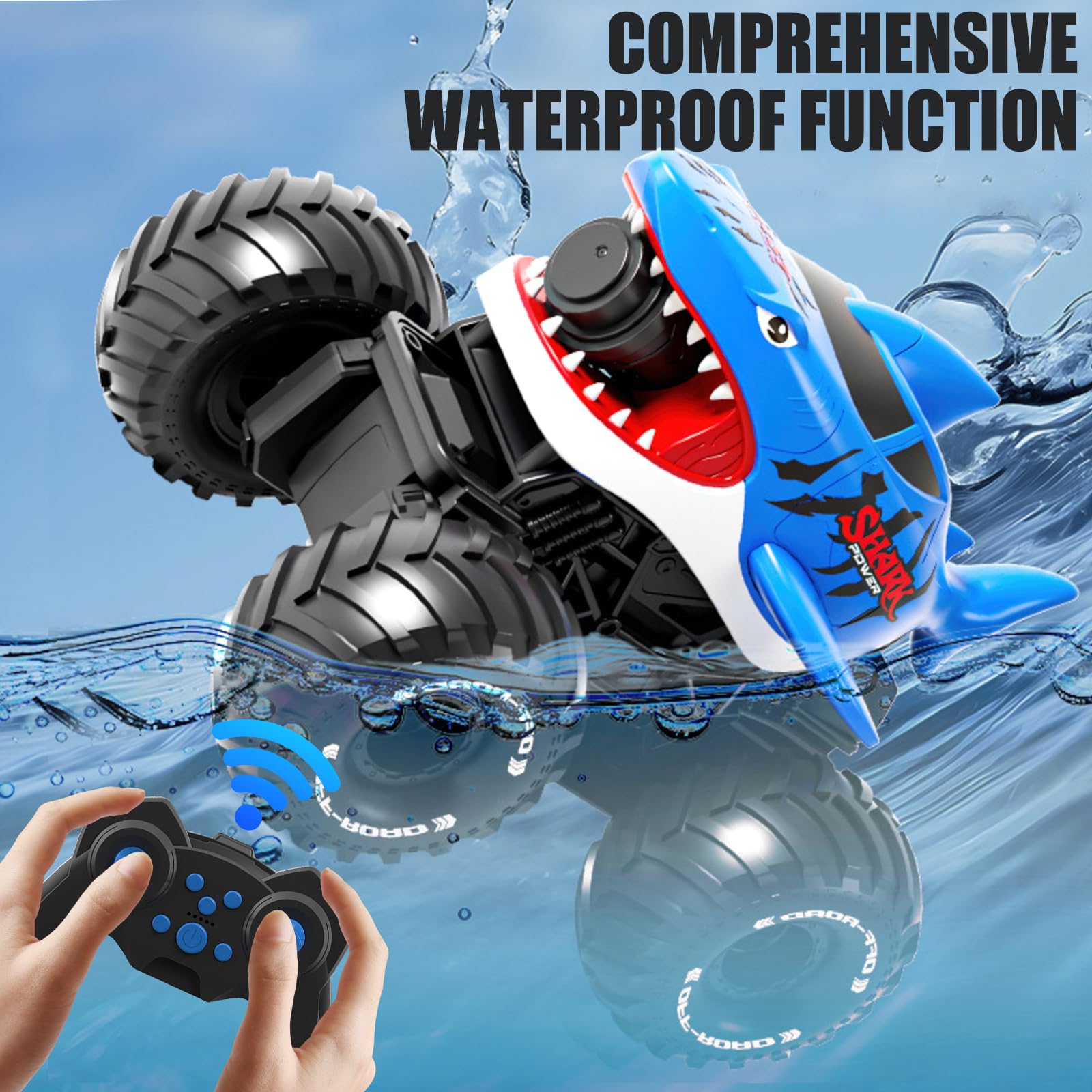 HUAJUN Amphibious Remote Control Car with Water Gun, 4WD 360°Rotation 2.4GHz Waterproof, All-Terrain Stunt Car, Shark Shape - Image 4