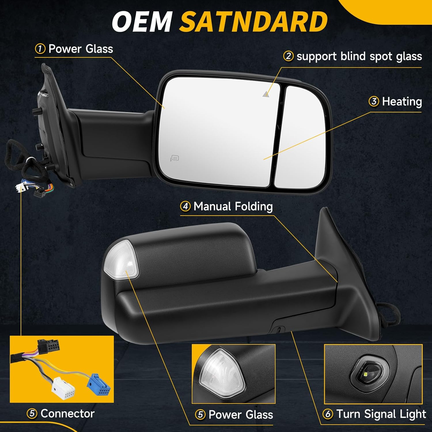 side mirror compatible with ram 2500 3500 2019-2022 & 4500 5500 19-20,w/blind spot(bsd)/temp sensor/turn signal/heated/puddle/manual folding/power glass adujst/replace#68462853aa(right passenger) right passenger side