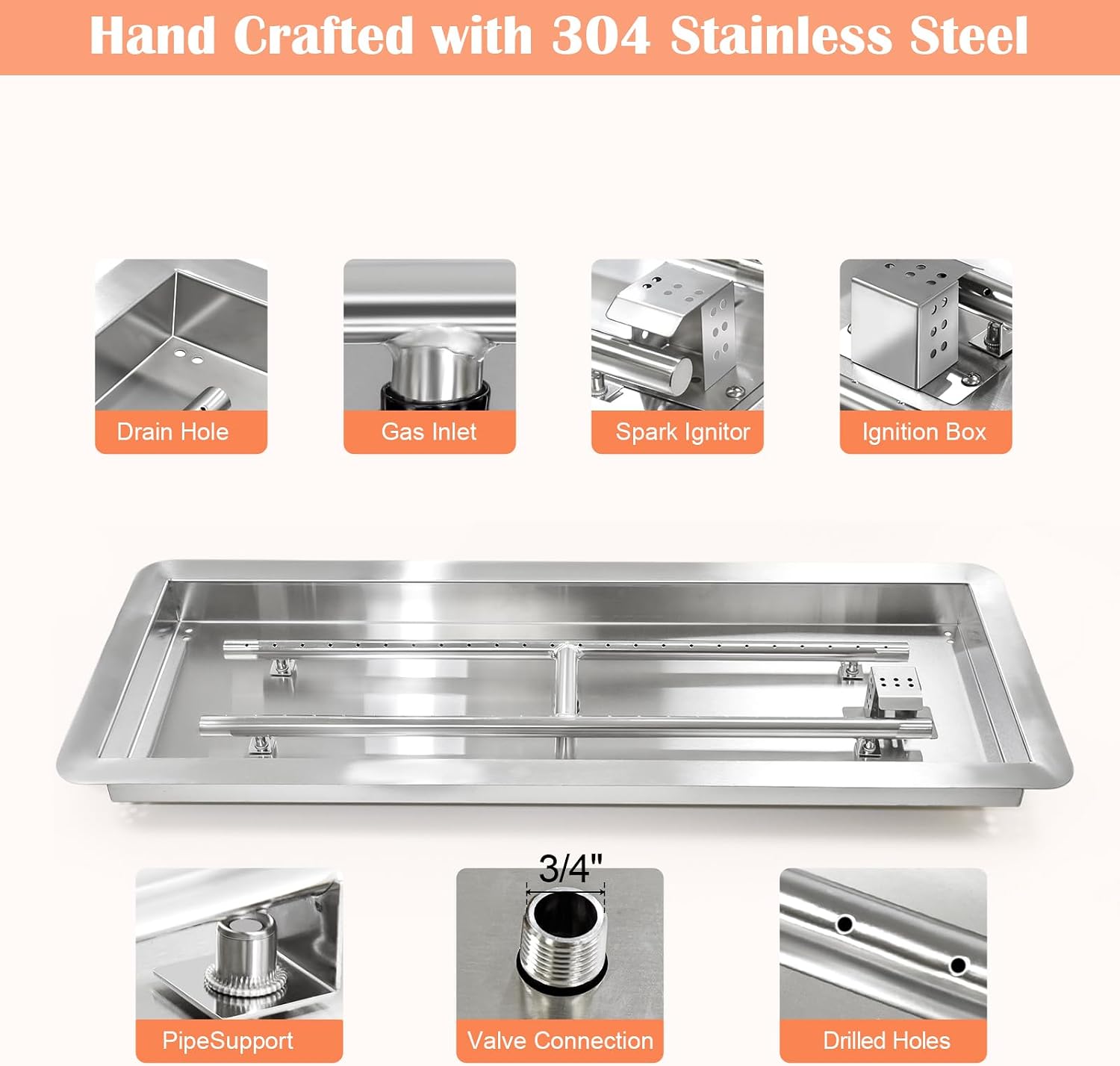 Hiorucet Fire Pit H Burner Kits 30 x 10 Inch, Propane Gas Rectangular Drop-in DIY Fire Pit Pan Kit with Spark Ignition and Propane Hose Kit for Outdoor & Indoor, Stainless Steel Fire Pit Table Insert.