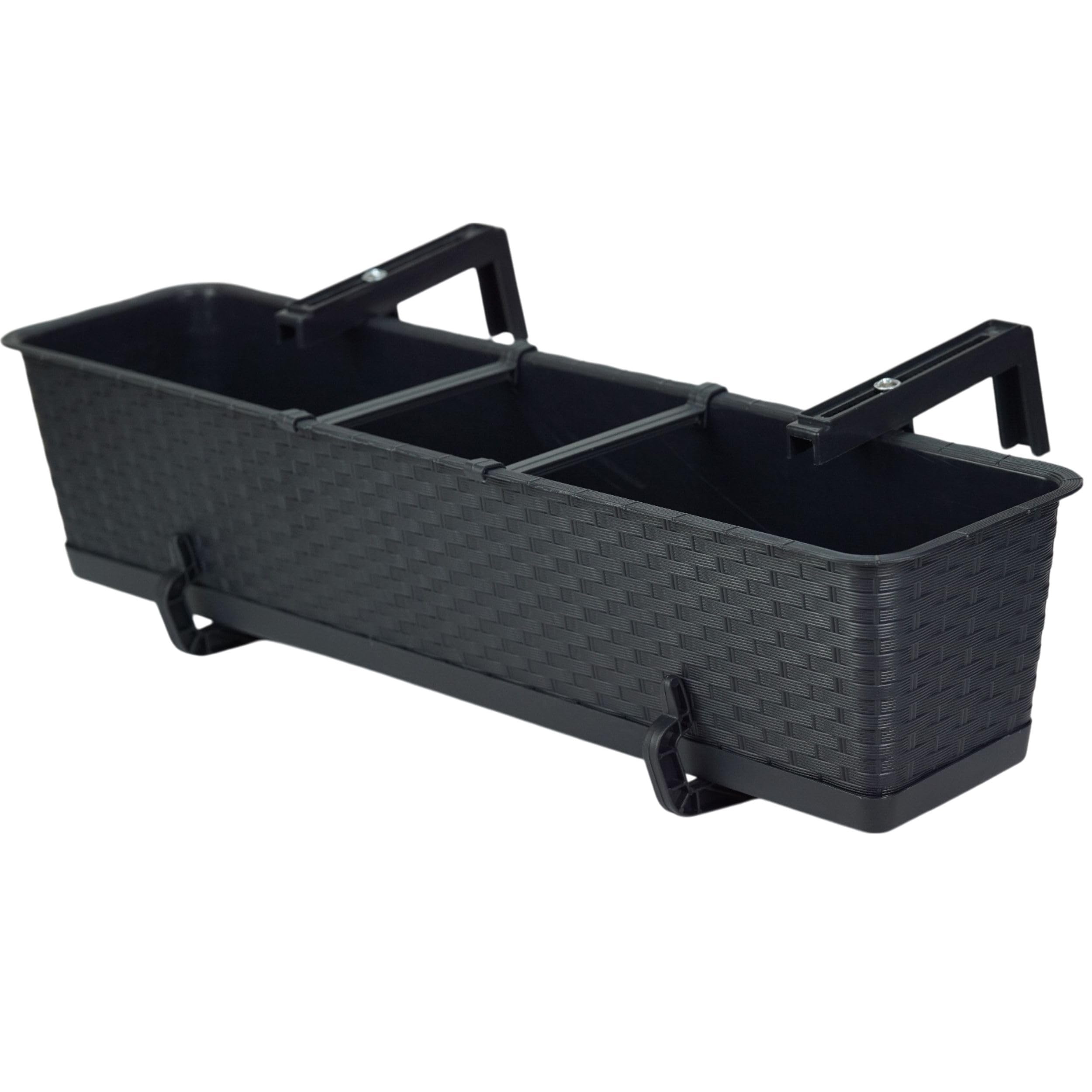 Jardinera para balcón de 69 cm x 17 cm, resistente a la intemperie, con plato y soporte, jardinera para balcón con aspecto de ratán para la elegante plantación de terraza y balcón, antracita