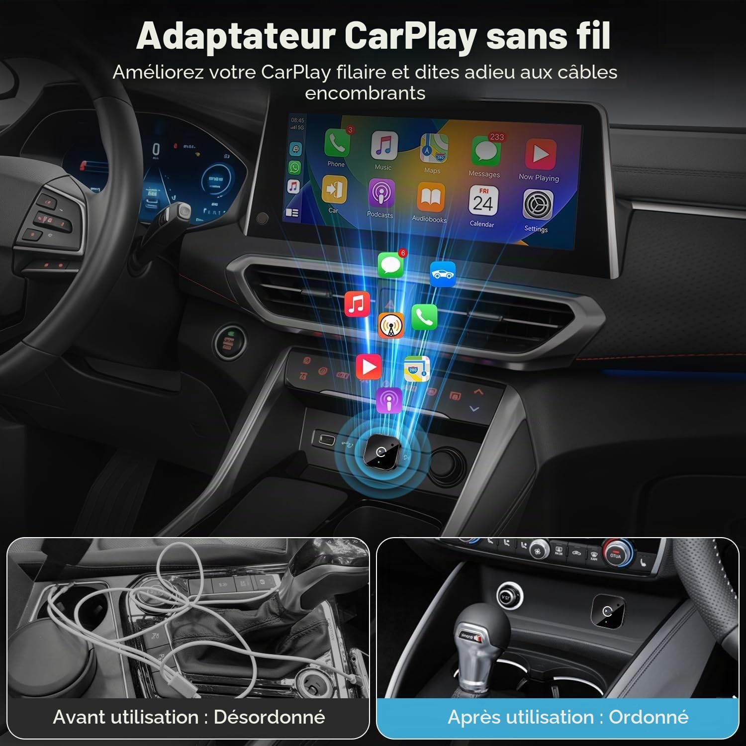 Adaptateur CarPlay Android Auto sans Fil 2026, Bluetooth 5.3 WiFi 6, Plug & Play USB-A avec câble USB-C, Connexion Stable pour iPhone et Android, Navigation Musique appels Voiture sans câble
