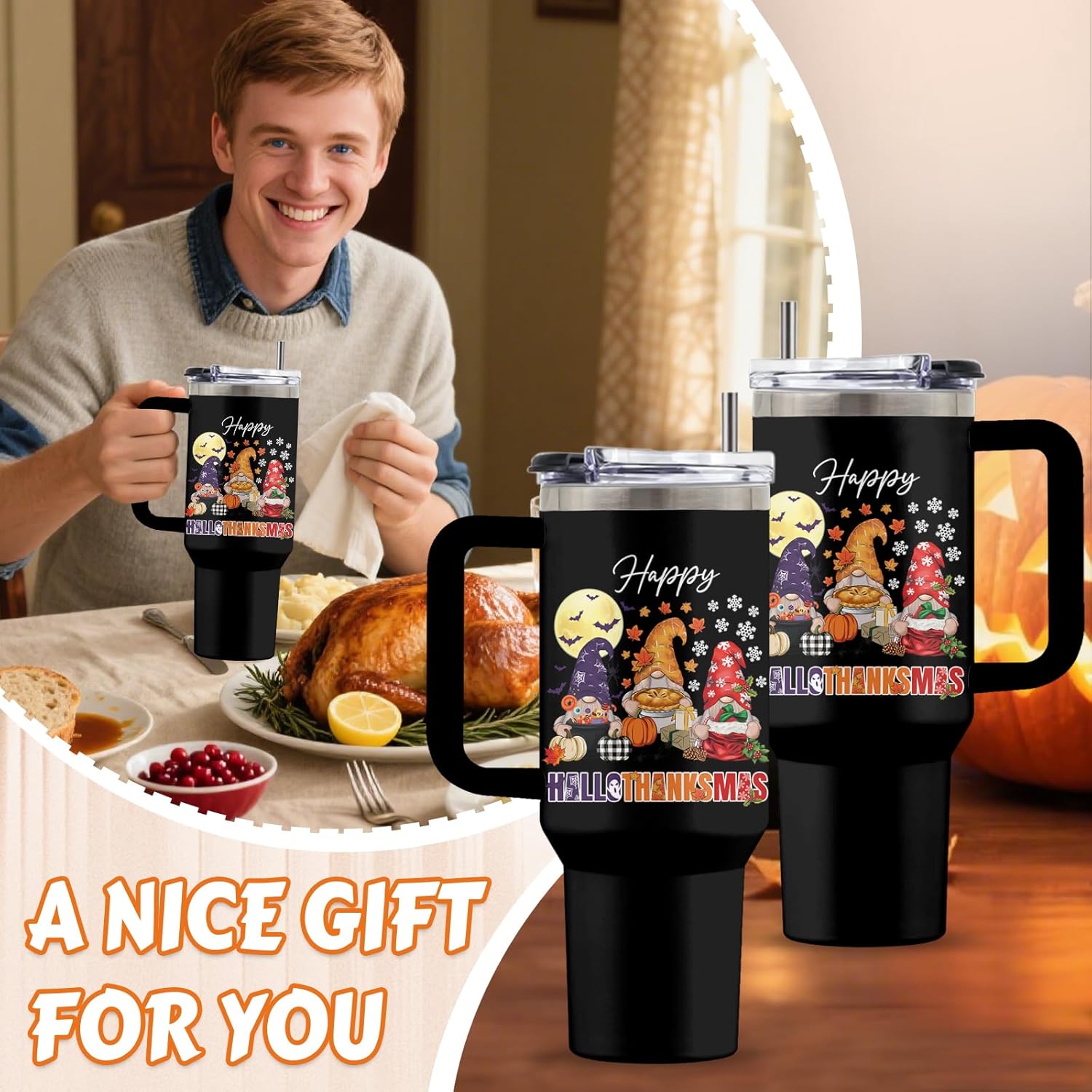 Christmas Tumbler with Handle, Gnome Gifts for Women Men, 40 Oz Fall Gnome Pumpkin Travel Tumbler Coffee Cup Water Bottle, Autumn Thanksgiving Christmas Party Gift for Women, 1 PCS - Image 6