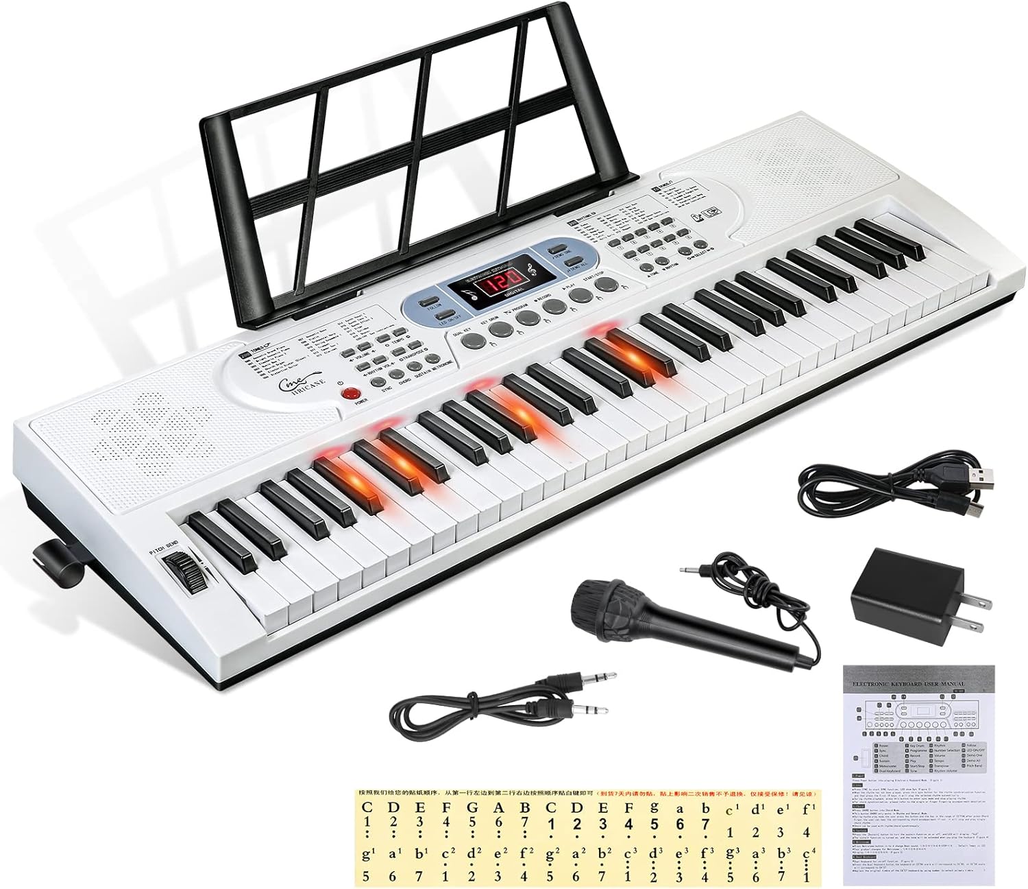 Top-down view of the Hricane 61-Key Electronic Piano showing keys, control panel, and music stand