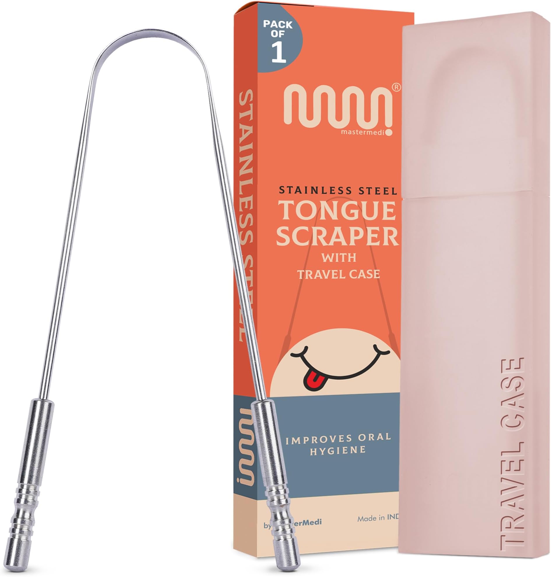 MasterMedi Tongue Scraper with Case Easy to Use Tongue Scraper for Adults, Tongue Cleaner for Oral Care & Hygiene (Single Pack (with Travel Case))