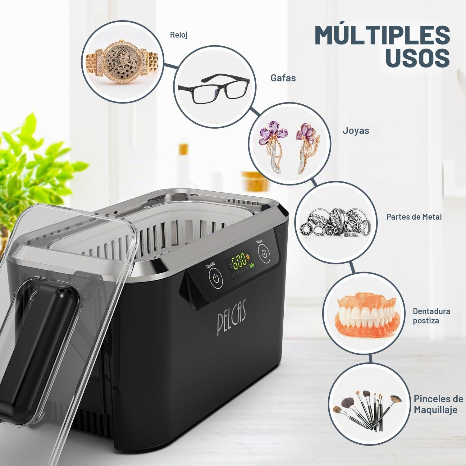 PELCAS Limpiador Ultrasonidos con Transductores Duales Limpiador Ultrasónico 800ML 42KHz con Pantalla Táctil y 5 Configuraciones de Tiempo para Anteojos, Relojes, Joyas, Dentaduras Postizas (Negro)