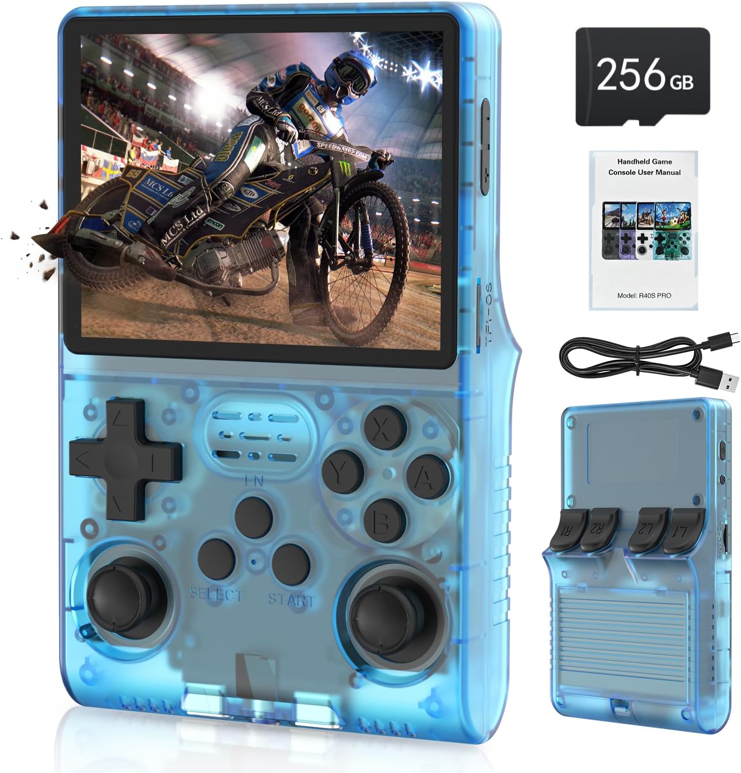 - FHYRGF[30000 in 1] R40S PRO Handheld Game Console 3.5 inch IPS Screen Mini Retro Console 3800mAh Portable Pocket Arcade 12+ Mainstream Emulator 256G TF Card Transparent.(Blue)