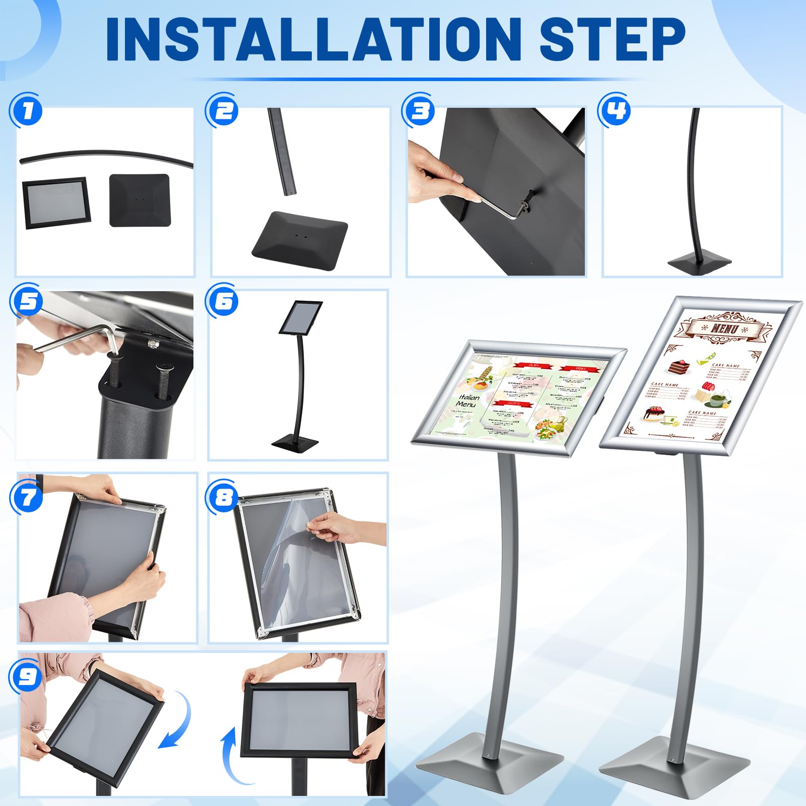 Yaocom Tablón curvo para menú, resistente, soporte para letreros de pie, aleación de aluminio, carga frontal, fácil de abrir, póster para mensajes, restaurante, cafetería, hotel (plata, 11.02 x 17.01