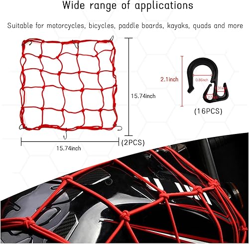 Miniatura 2 de Dickno 2 redes de carga para motocicleta, 15.7 x 15.7 pulgadas, red elástica de goma elástica que se estira a 31.5 x 31.5 pulgadas, red gruesa para