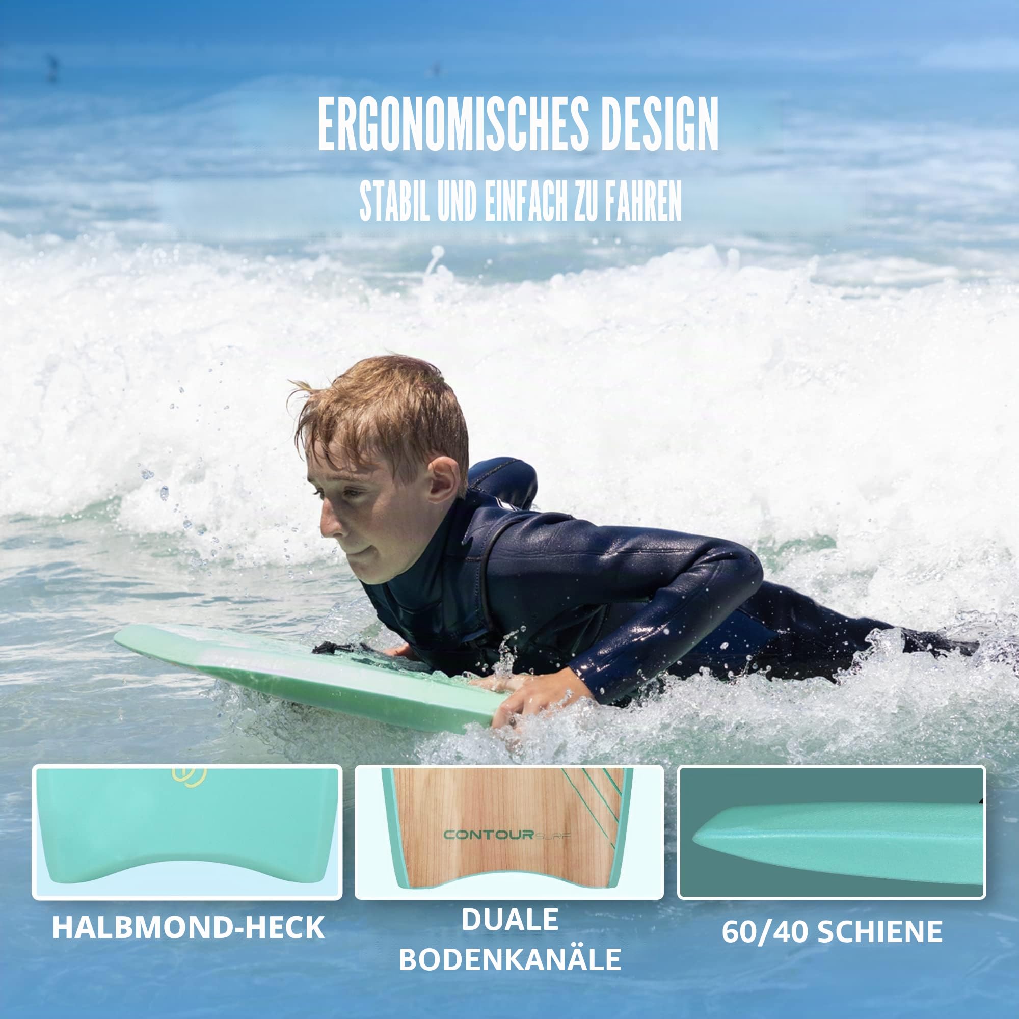 Reed Body Board Bodyboard für Strand, Kinder, Leichter EPS-Core, Doppelk, doppeltes Drehgelenk, gewickelte Handgelenkleine für alle Surfstufen, 84 cm