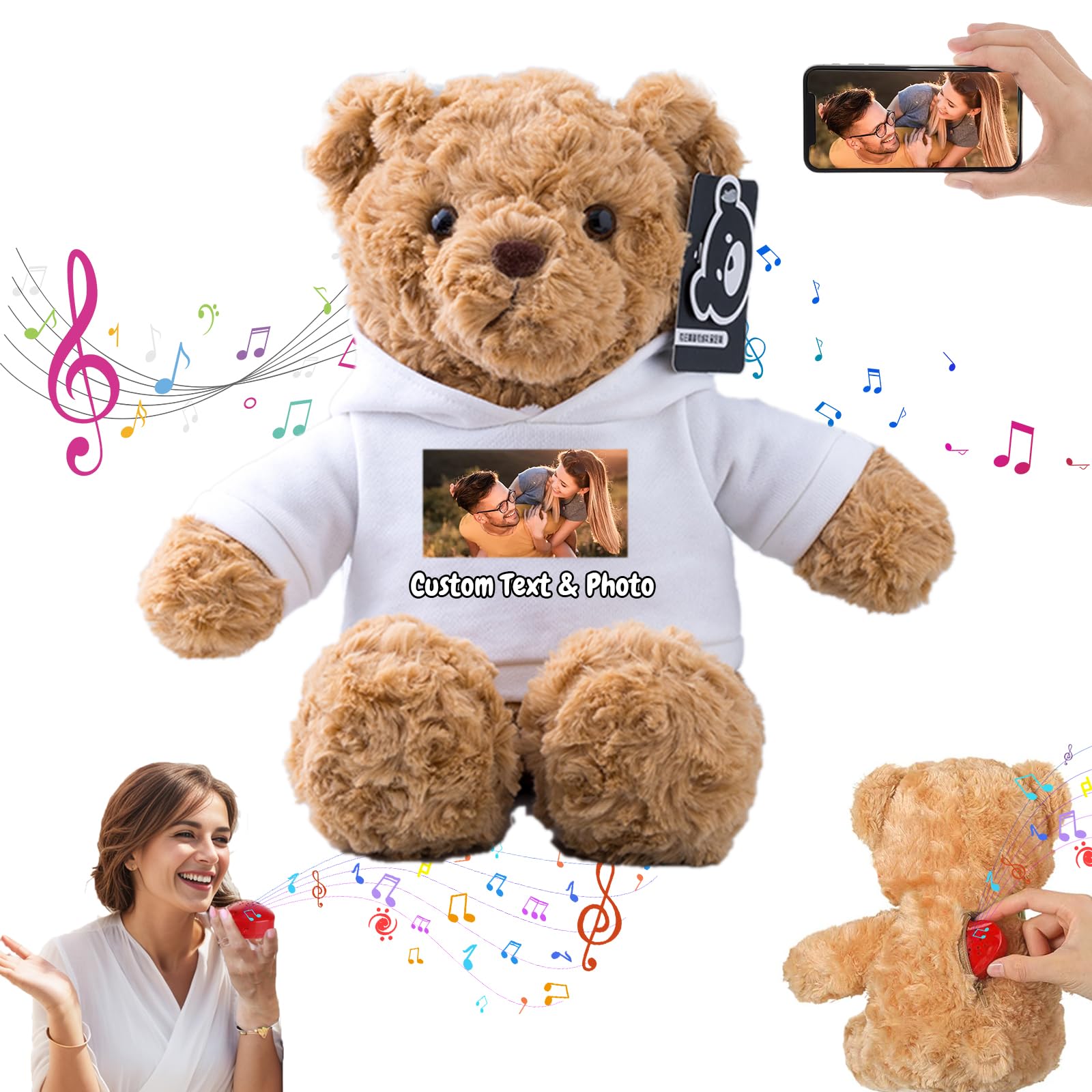 MeterBear Personalised Teddy Bear with Voice Recording for Kids Adults, Personalised Gifts Bear with Bow Plush Toys with Text+Photo as Customised Gift for Valentines Christmas (13 inch-Text+Photo)