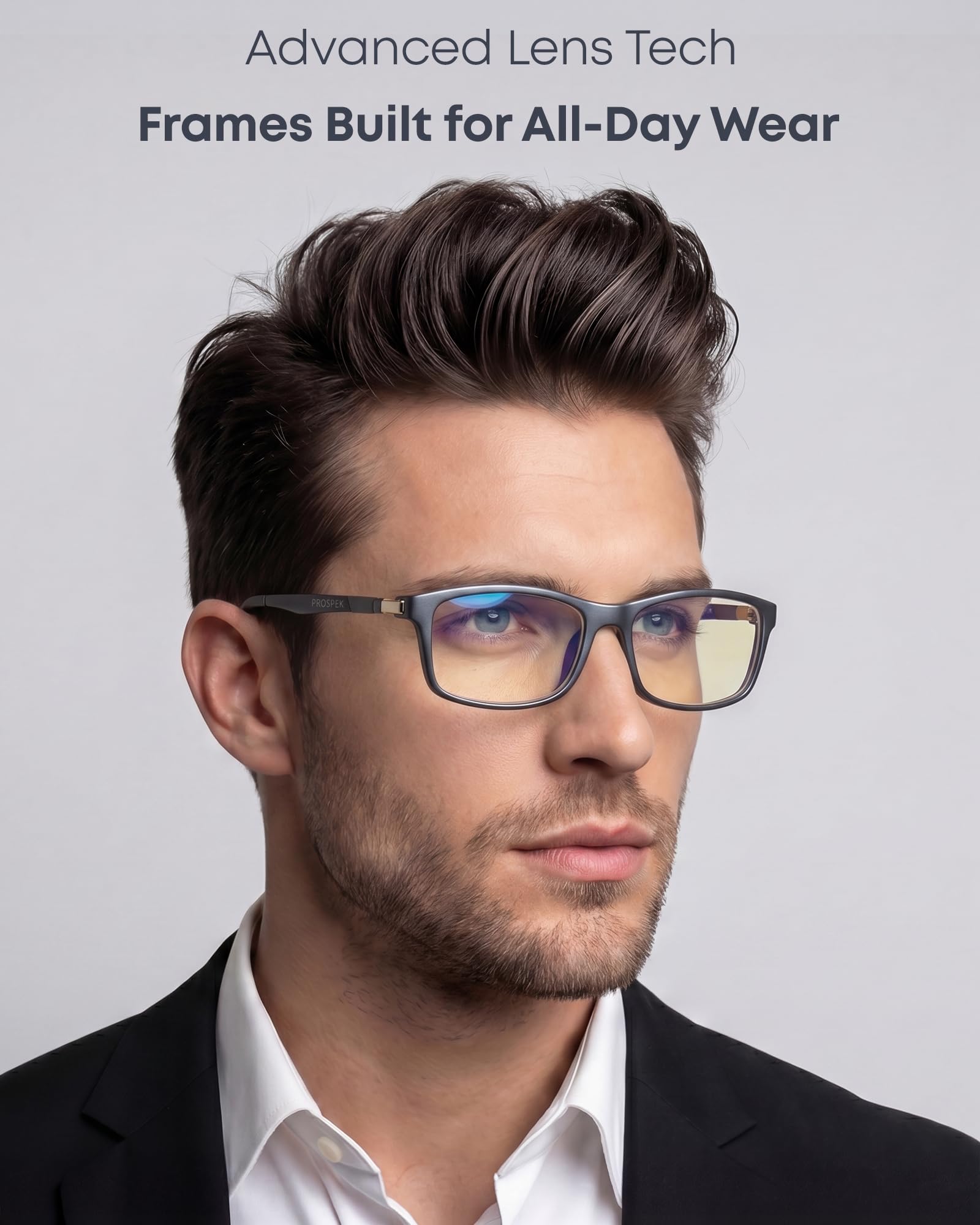 PROSPEK - Gafas para ordenador Premium – Dynamic – Con filtro de luz azul y antirreflejante (+0.00 Dioptrías | Gris | Regular)