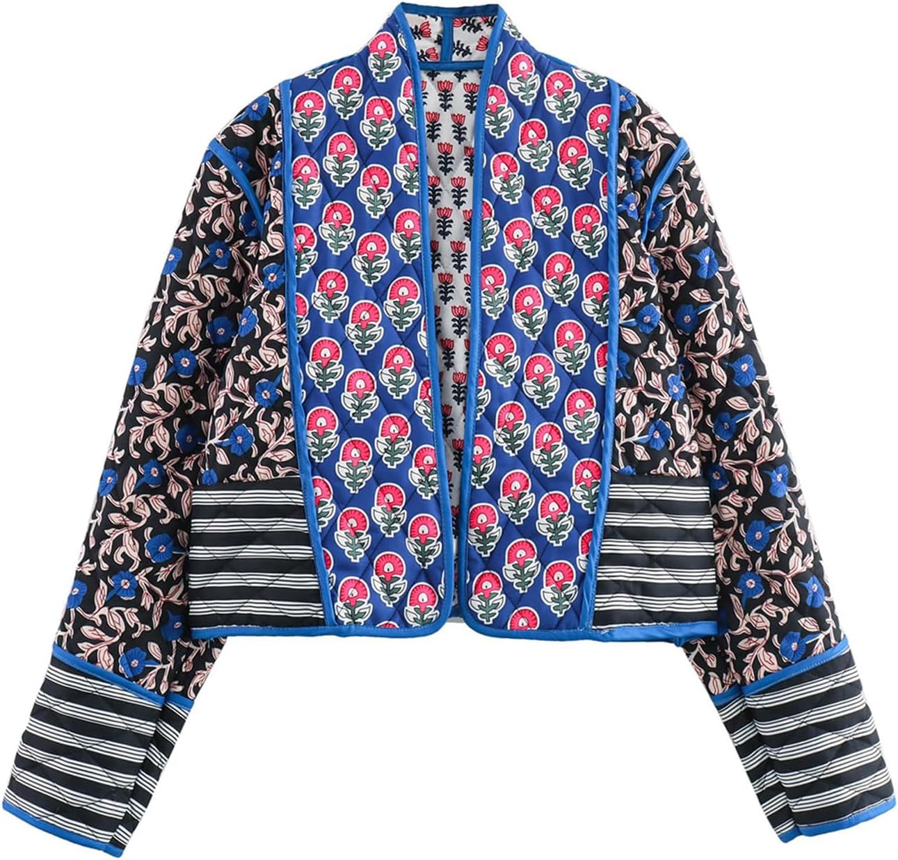Flygo Women Cropped Puffer Jacket Cardigan Floral Printed Quilted Coats Lightweight Open Front Crop Padded Down Jackets - Image 3