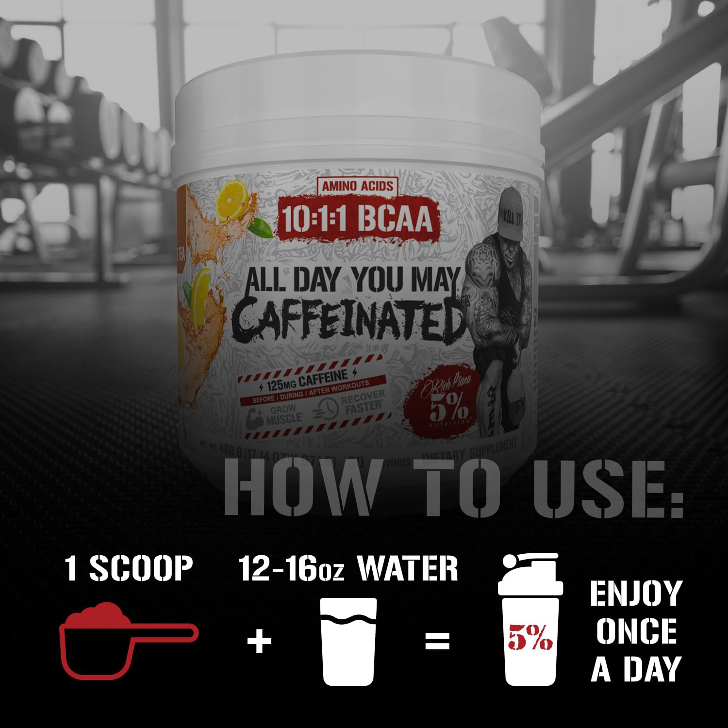 5% Nutrition Rich Piana AllDayYouMay Caffeinated BCAA Energy Powder | Premium Pre Workout Amino Energy & Electrolytes | Hydration, Endurance & Recovery | 16.3 oz, 30 Servings (Southern Sweet Tea) — Amazon image 4