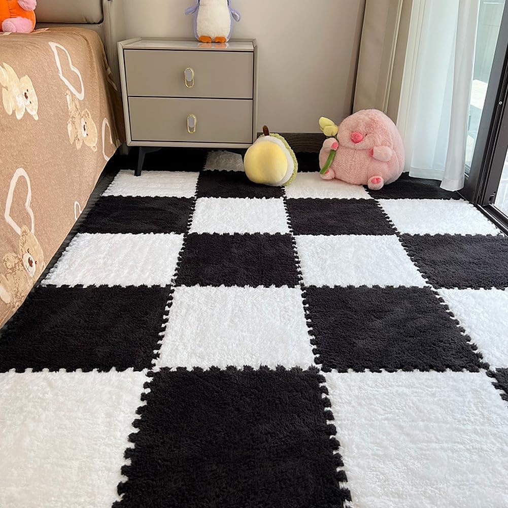 Thickened Plush Interlocking Carpet Tiles, Milk Velvet Patchwork Rugs, 2pcs Carpet Squares Puzzle Floor Mat, Soft Plush Area Rugs Washable,12x12x0.4in,Black+White