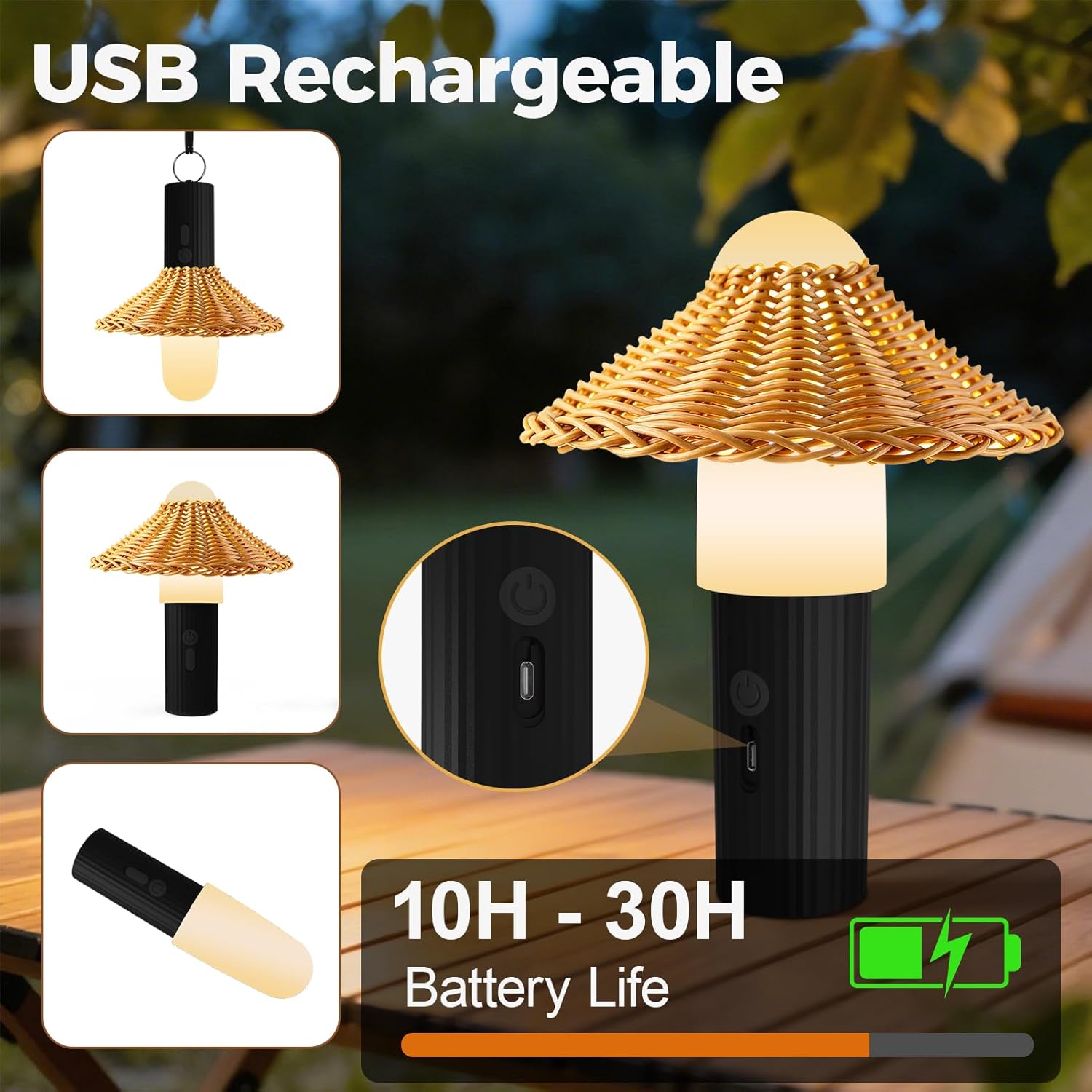 FUYO Rechargeable Shower Lamp Outdoor Table Lamp with Detachable Lanyard Portable Camping Light Water-Resistant Shower Lamp Night Light for Garden Yard Camping Indoor Outdoor (Plastic Rattan Cap)