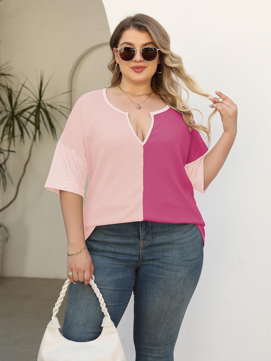 Womens Plus Size Summer Tops Fashion Half Sleeve Waffle Knit Shirts Casual V Neck Colorblock Patchwork Blouses - Image 2