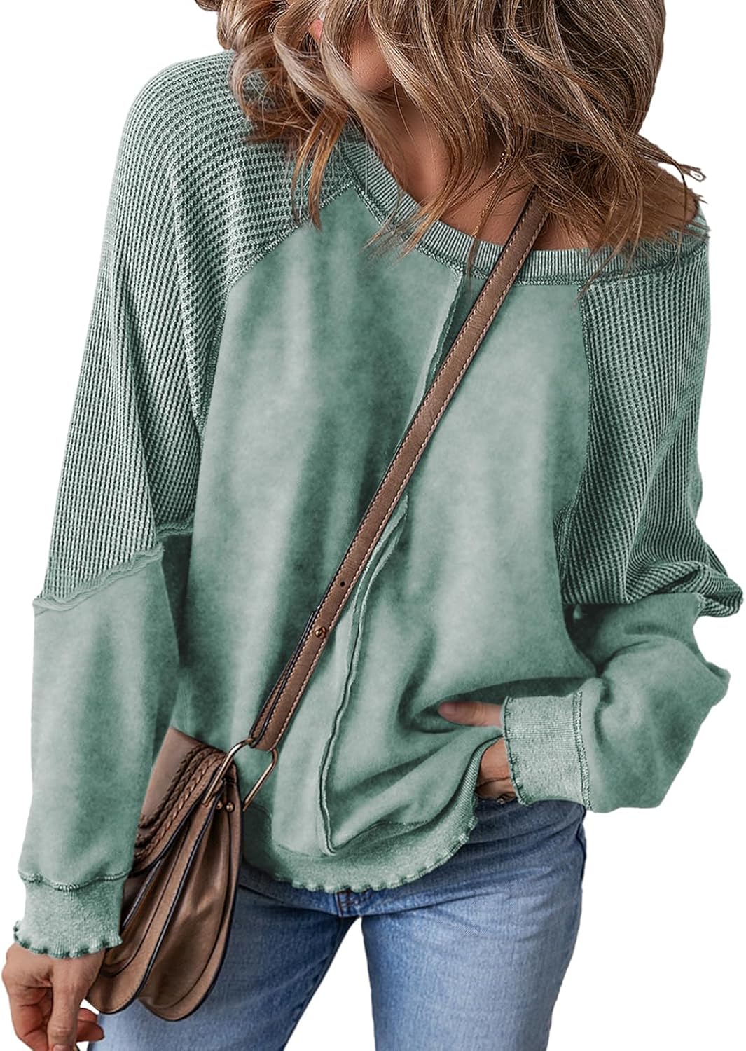 SHEWIN Womens Oversized Off The Shoulder Sweatshirt Casual Crewneck Long Sleeve Reverse Seam Waffle Knit Tops