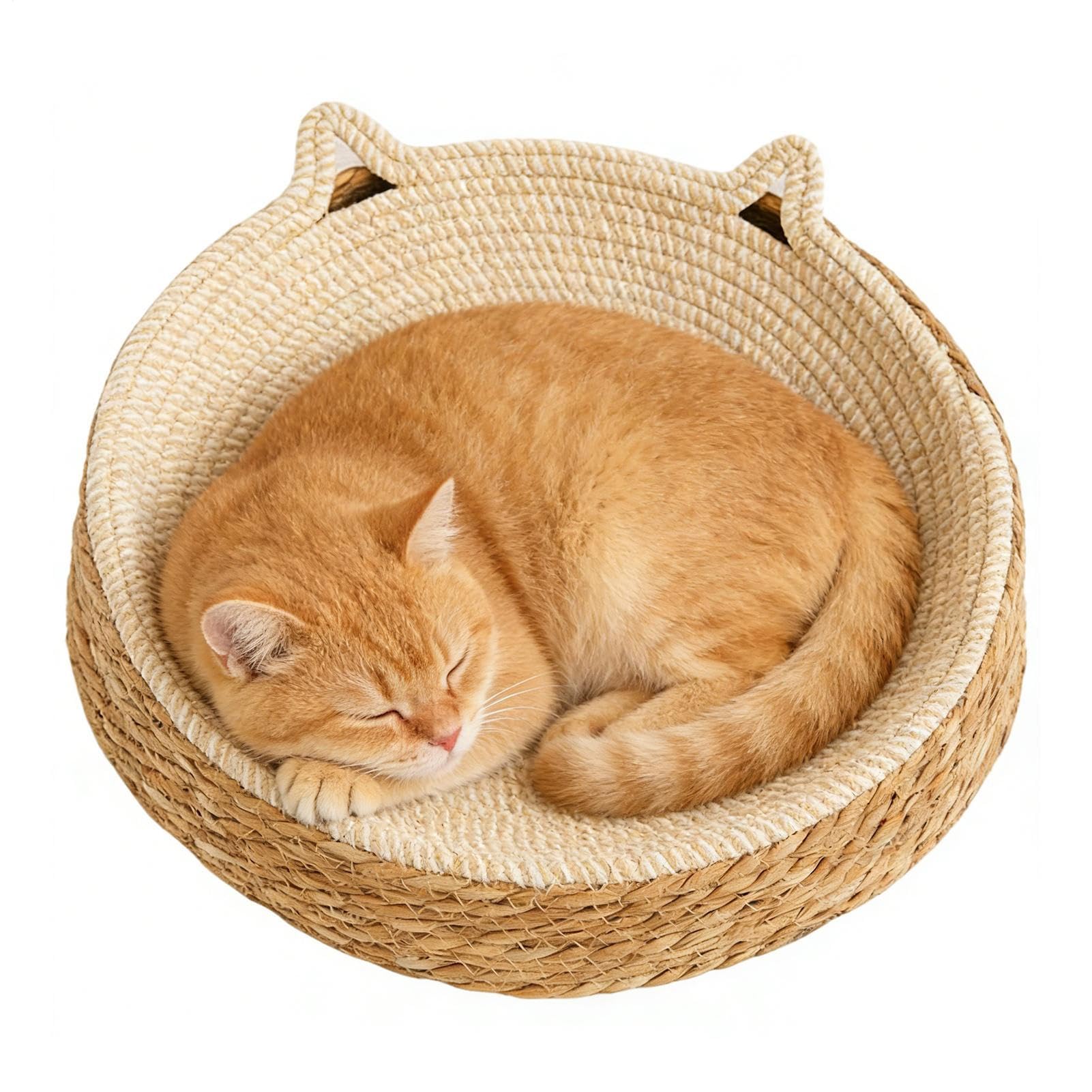 Laimejia Handmade Woven Cat Bed Cotton Rope Pet Basket with Cute Ears, Scratching Lounge Scratcher Bowl for Indoor Cats, Breathable Four Seasons Nest to Protect Furniture, 35x35x10cm