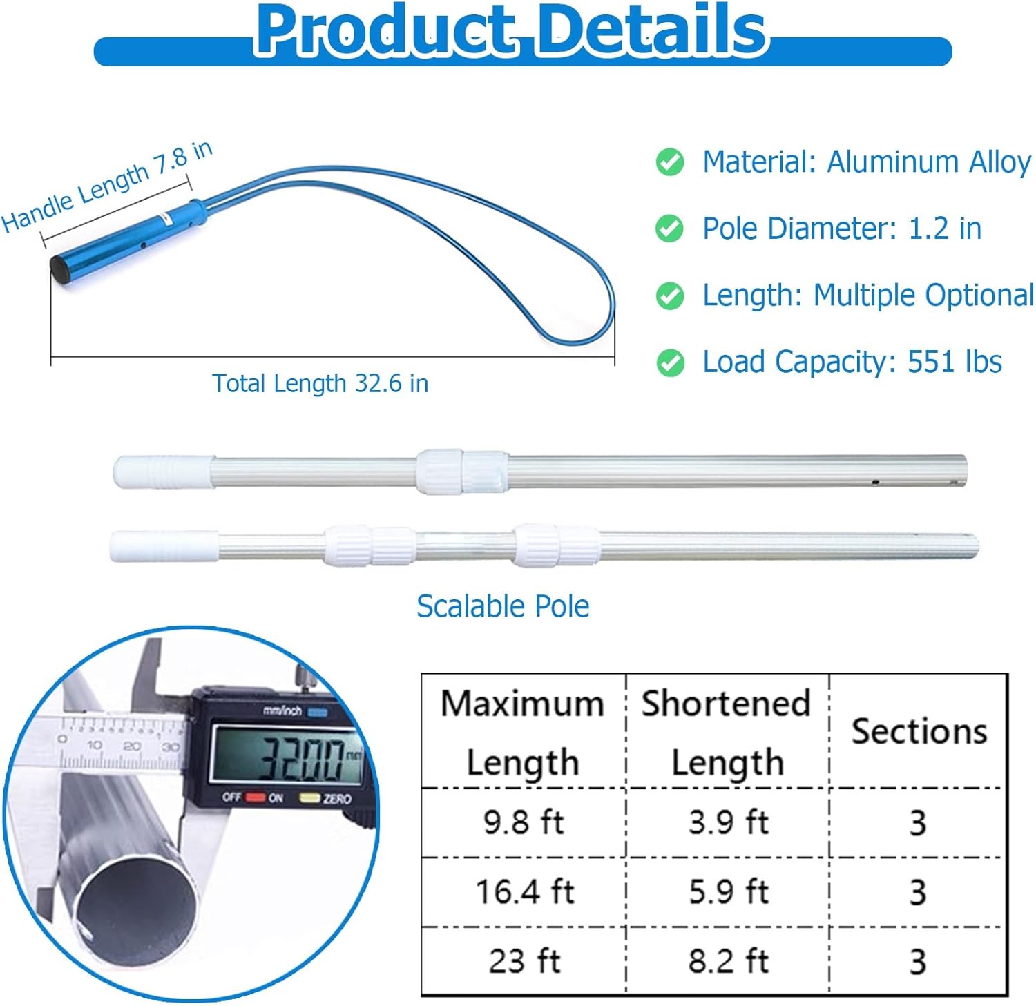 23 Ft Telescopic Rescue Pool Pole with 16.4 Ft Extension & Safety Hook - Perfect for Swimming Pools & Water Parks, Durable & Easy to Use for Enhanced Pool Safety