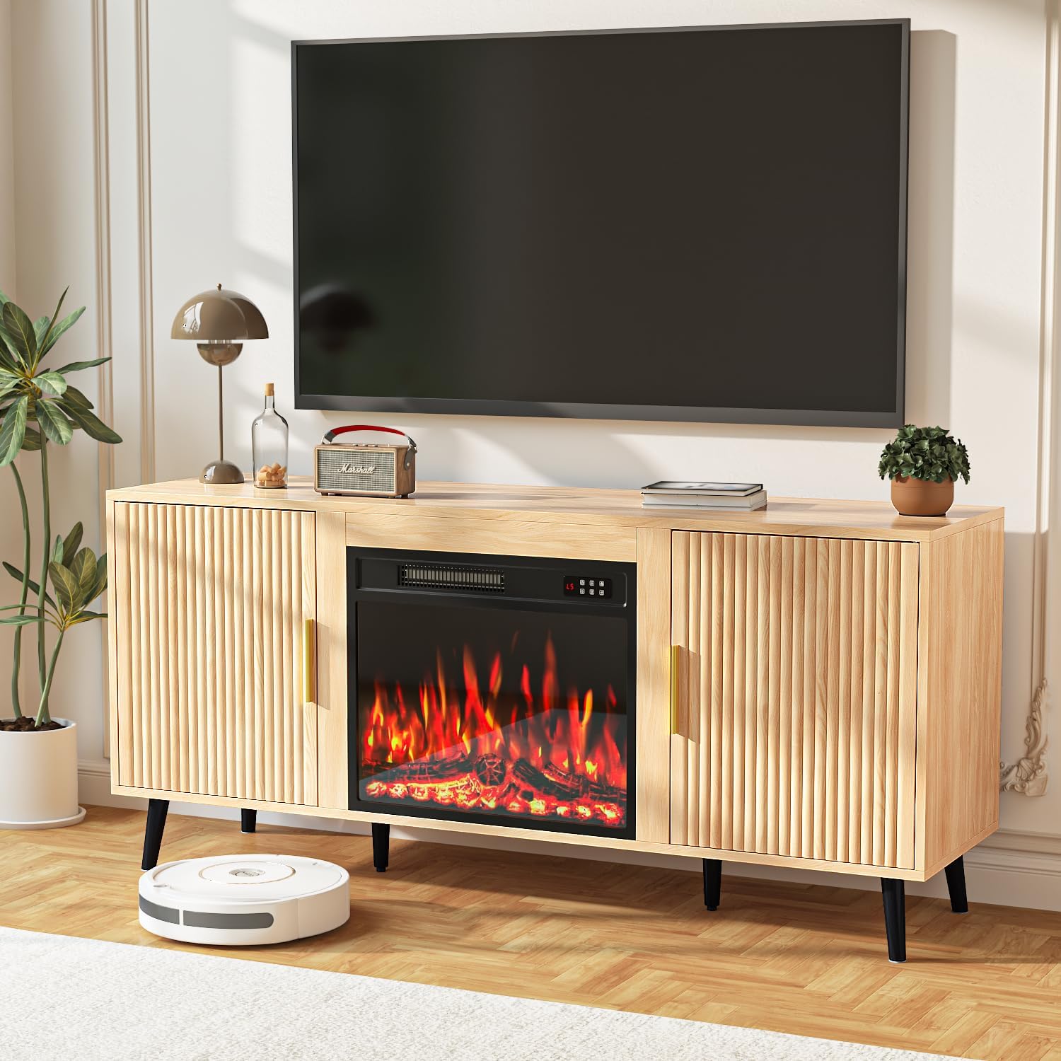 PRETZI 58" Fluted Fireplace TV Stand, Mid Century Entertainment Center with 23" Electric Fireplace, Media Console with Wood Leg & Adjustable Shelves for TVs Up to 65" for Living Room, Natural Wood