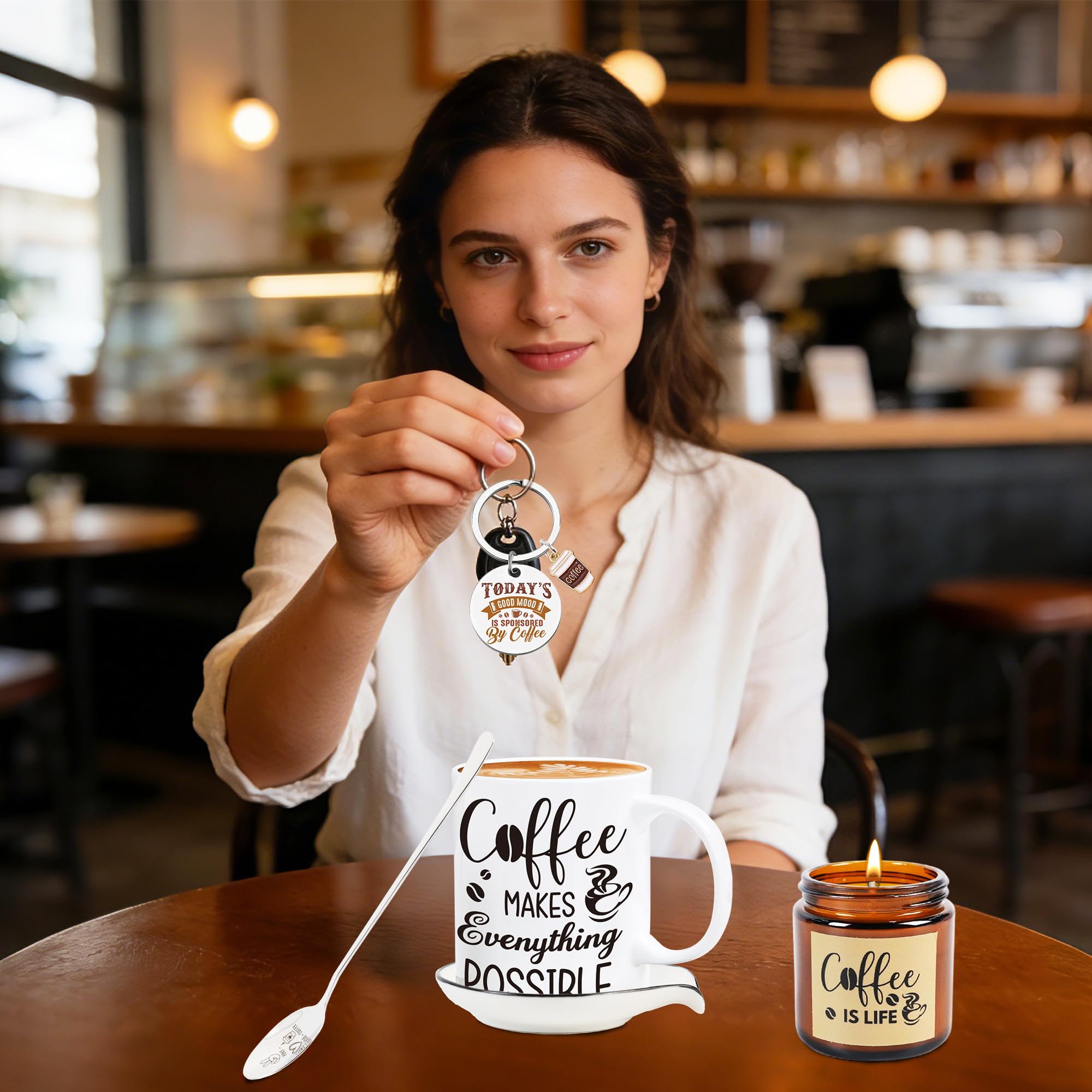 Coffe Gifts for Women, 6 Pcs Coffee Gift Basket, Includes Mug, Candle, Ceramic Coaster, Spoon, Keychain & Sock, Christmas Mother's Day Birthday Present for Coffee Lover