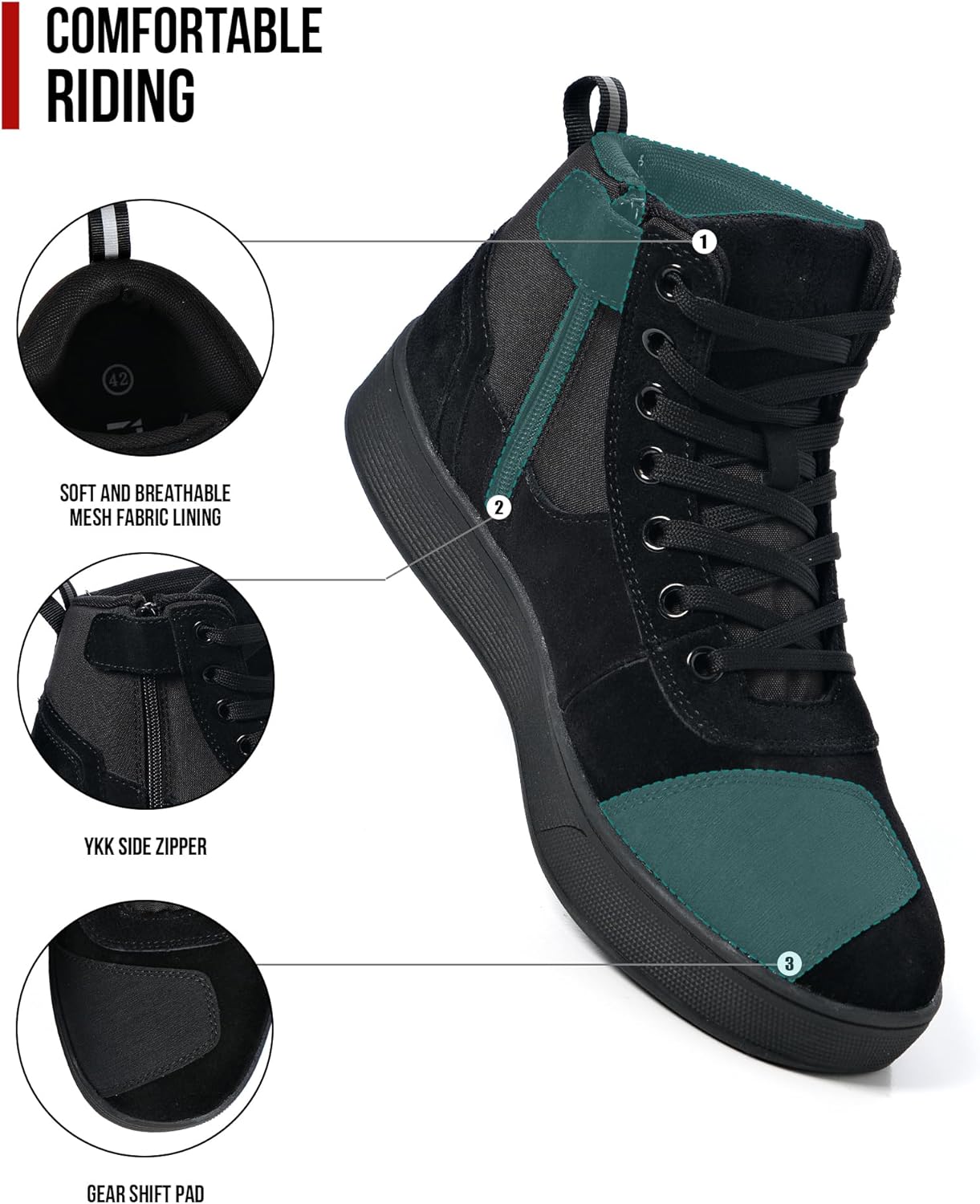 Motorcycle Shoes for Men, CE Certified, Thickened Anti-Slip Sole, Breathable Casual Motorcycle Riding Boots with Ankle Support, Shift Pad (Black/10 Men) - Image 4