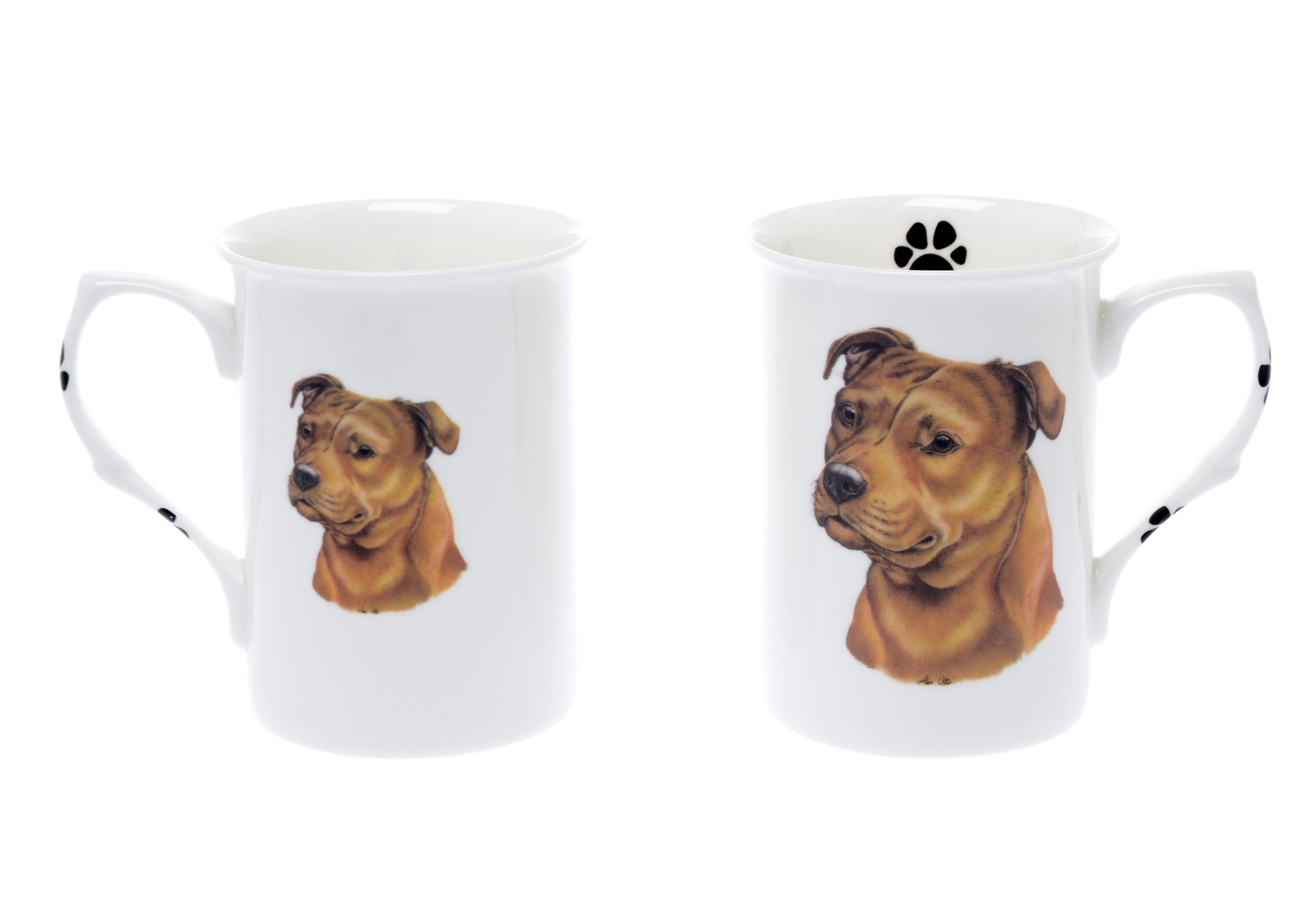 (BB59) Set of 2 Bone China BEAKERS/Mugs Staffie Bull Terrier Red Dog Presentation Gift Boxed- Lovely Gift Kirsty Jayne China