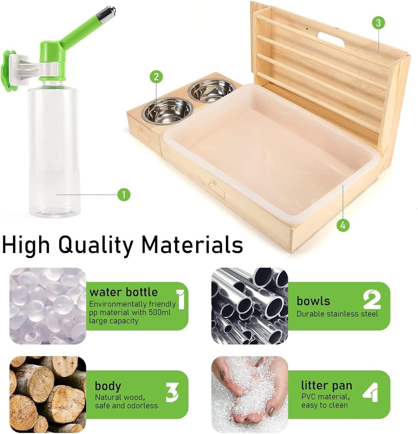 Comedero Extragrande 4 en 1 para Conejos con Bandeja Sanitaria y Cuencos, Soporte para heno, Inodoro, Soporte para Botella de Agua y comedero de Madera Adecuado para Conejos, cobayas y hámsters