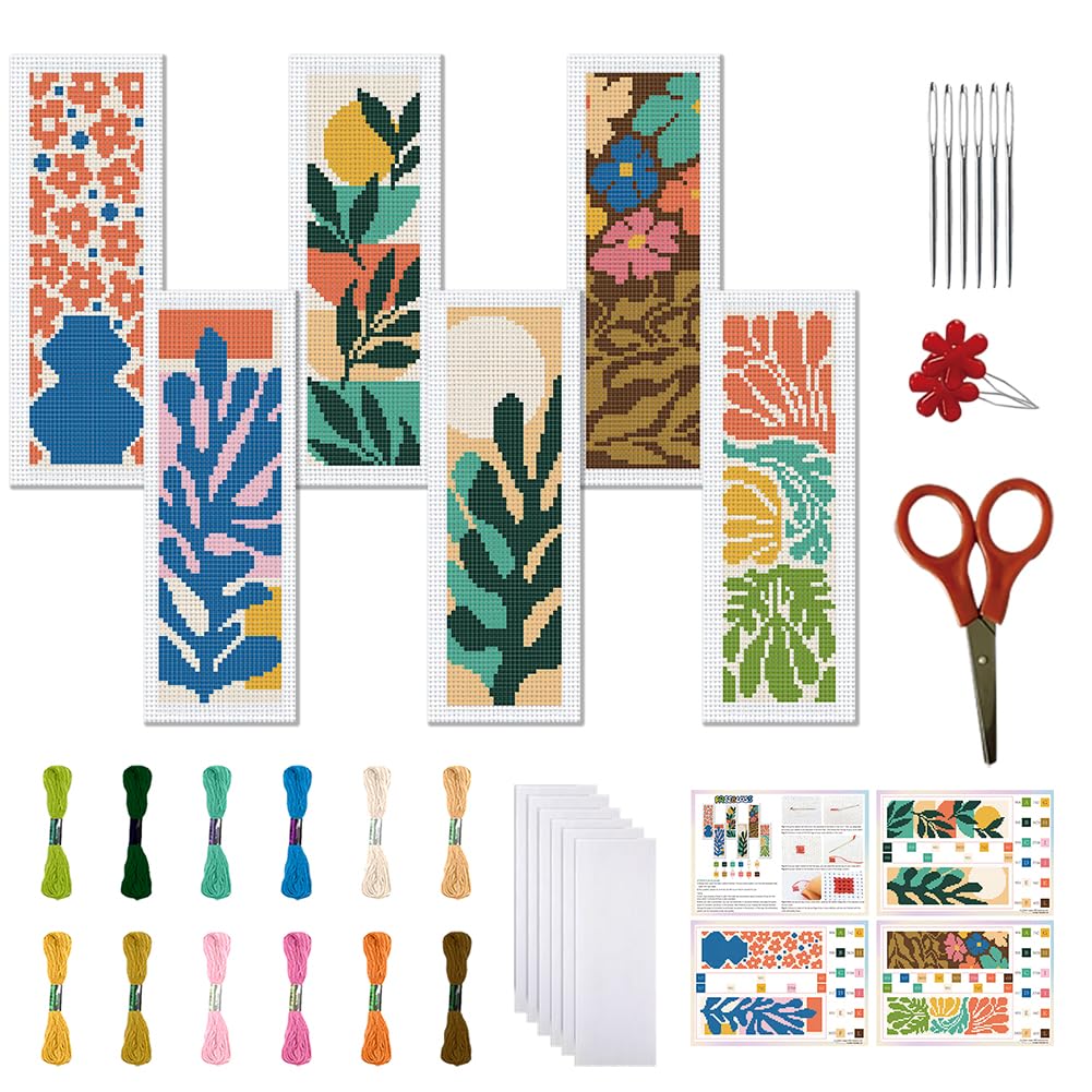 FREEBLOSS 6 Set Cross Stitch Bookmark Kit Abstract Flowers Pattern Stamped Cross Stitch Kit 11CT Embroidery Kits with Instructions for Beginners Adult 20x6cm/8x2.4inch
