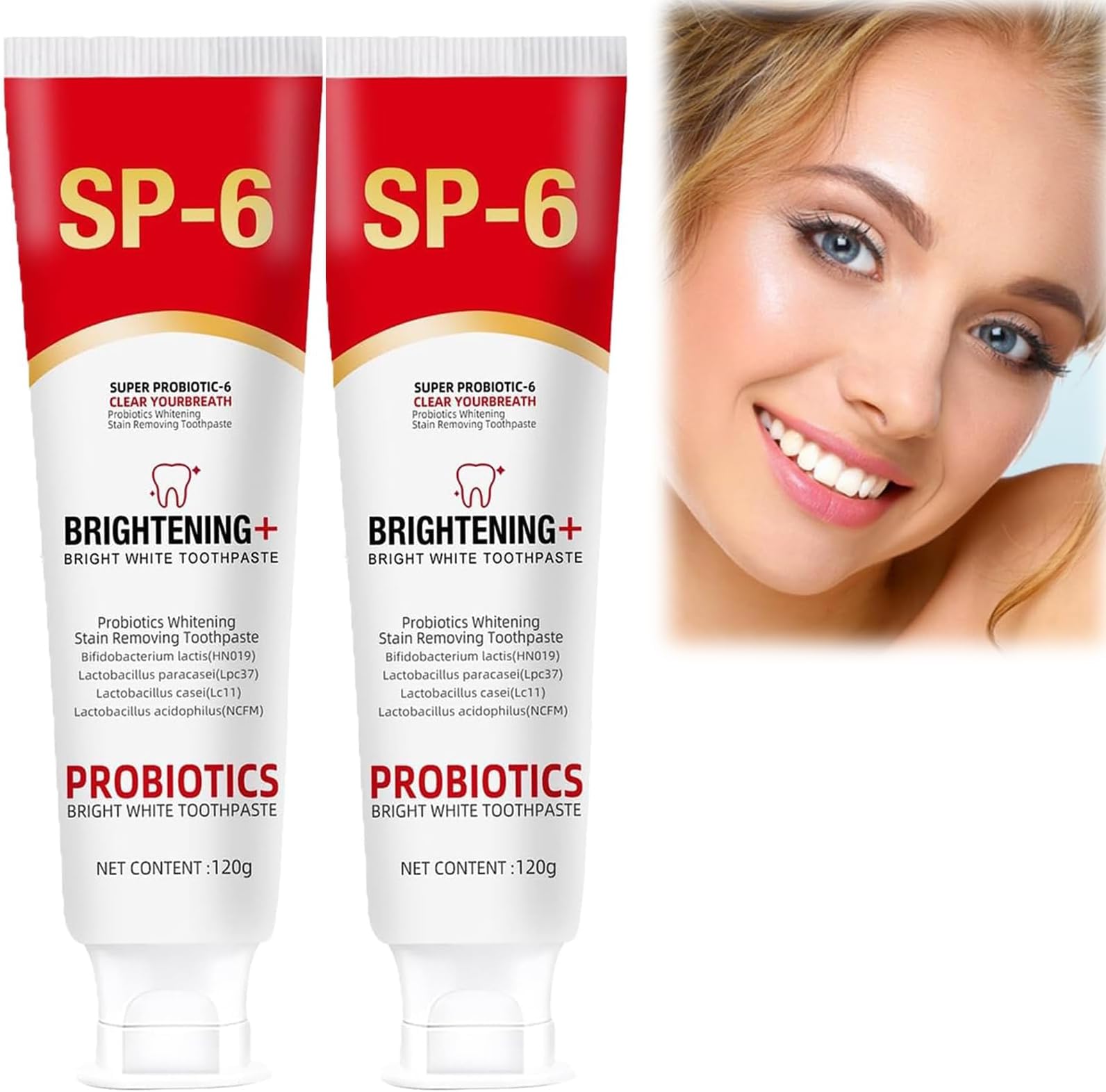 SP-6 Probiotic Whitening Toothpaste, SP-6 Whitening Toothpaste, SP-6 Toothpaste, Probiotic Toothpaste, with 6 Probiotics for Teeth Whitening, Gum Health, Fluoride-Free, Fresh Mint, Fresh Breath(2PCS)