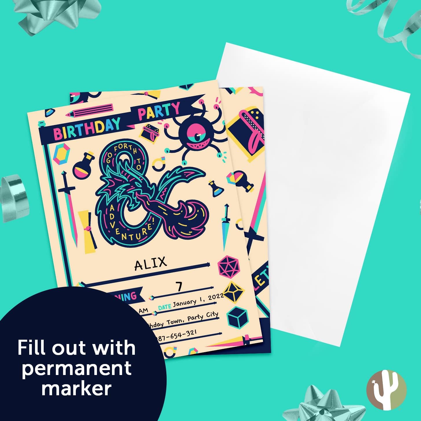 Desert Cactus Dungeons & Dragons Happy Birthday Invitations D&D Invites Cards 10 Count with Envelopes Doughnut Boys Girls Kids Party (Style A)