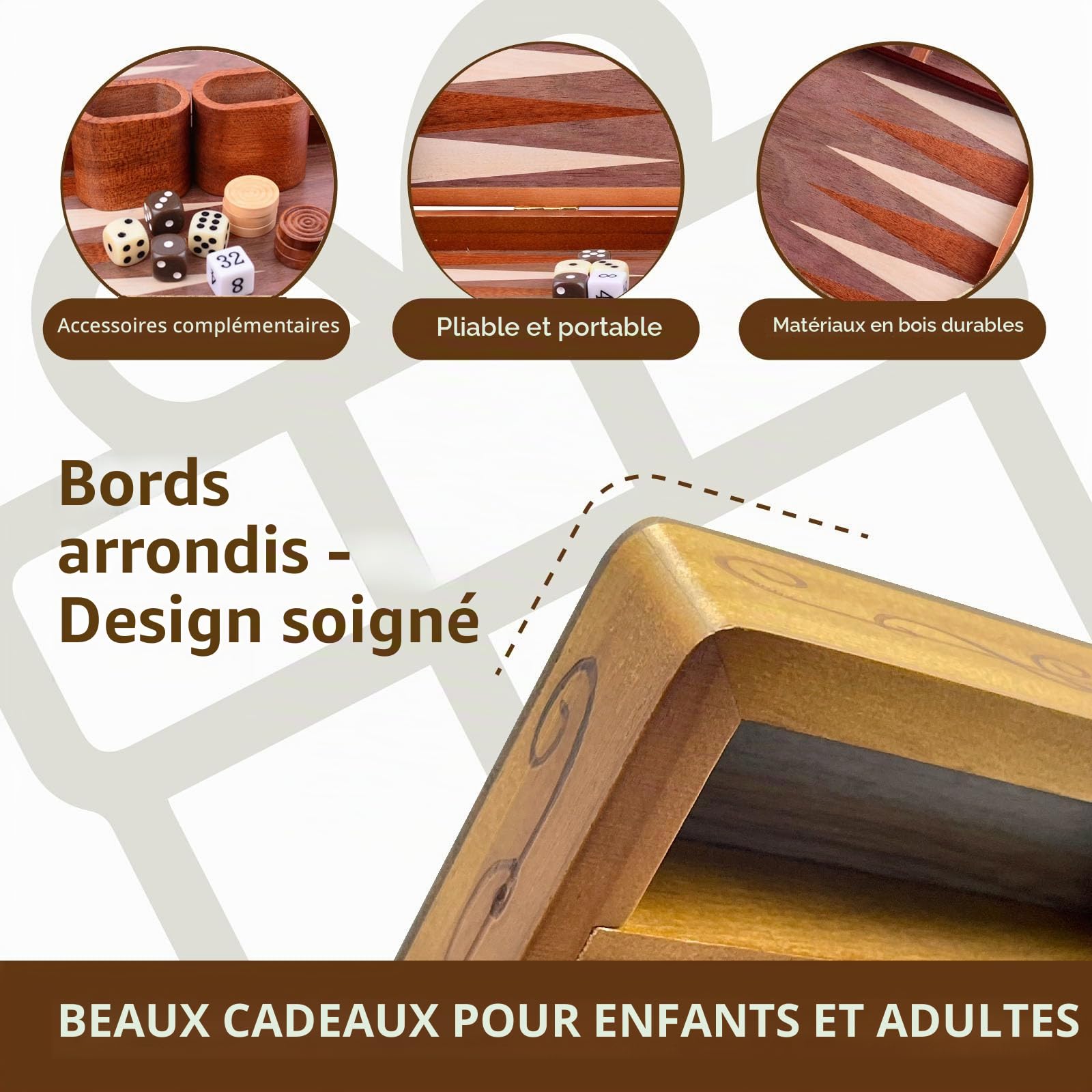 Syrace Jeu de Backgammon Classique en Bois incrusté de 40 cm - Grande Taille - Backgammon avec Dames - pour Adultes et Enfants