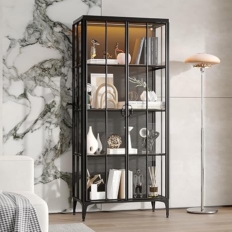 Display Cabinet with 2 Doors, 4-Tier Curio Cabinet for Collectibles with Metal Frame, 3 Color LED Light & Glass Shelves, 70.9" Glass Display Case for Living Room, Home Office, Black
