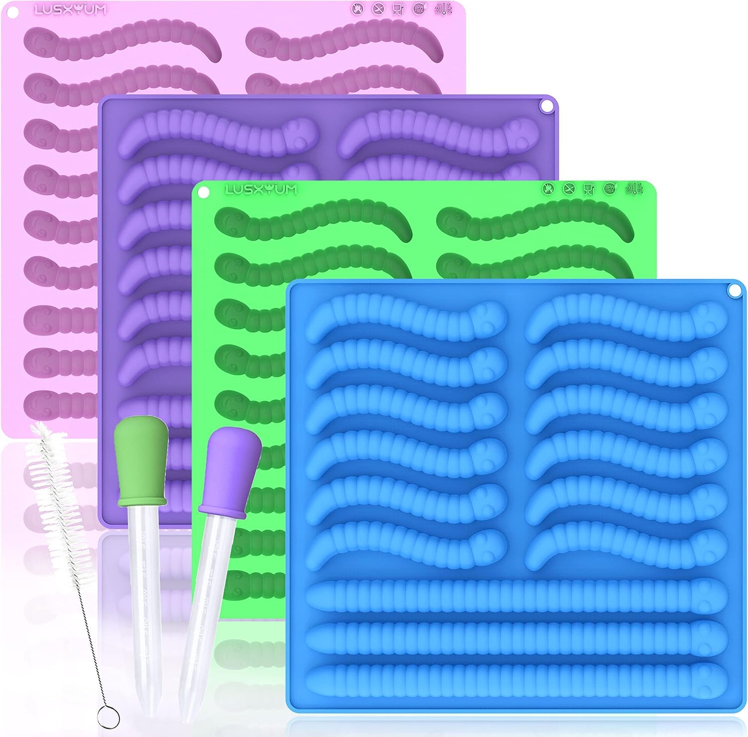 Gummy Worm Molds Silicone 6ML 14ML, 4PCS Non-Stick Silicone Large Worm Molds for Chocolate Gummy Candy 60 Cavity with 2 Droppers & Brush, Ideal Gift for Kids Adult Halloween Party