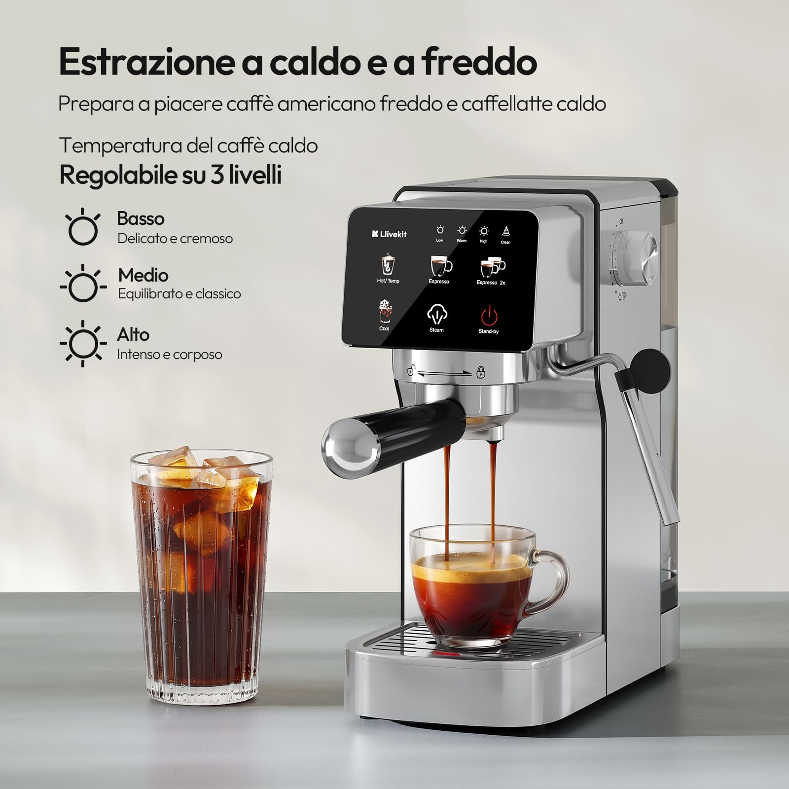LLIVEKIT Macchina per Caffè Espresso 20 Bar con Montalatte, Compatibile con Capsule e Caffè Macinato, 1350 W, Serbatoio 1,2 L, Funzione Decalcificazione, Spegnimento Automatico, Acciaio Inossidabile