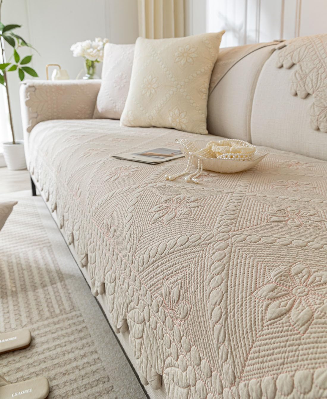 vctops Farmhouse 100% Cotton Quilted Couch Cover Floral Embroidered Sofa Cover Non-Slip Soft Sofa Slipcover Washable Furniture Protector (Khaki,43"x70")