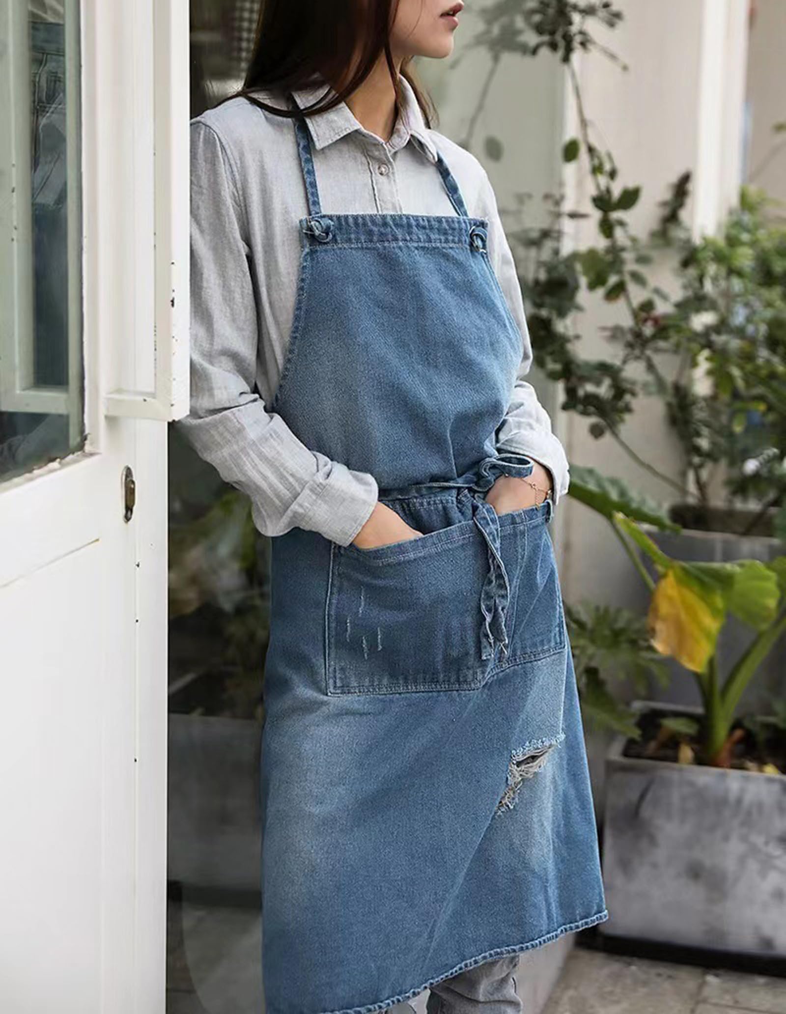 Grembiule Lungo In Denim per Uomo E Donna Grembiule Da Lavoro Alla Moda In Cotone Effetto Strappato Ideale Per Cucina, Hobbistica e Cottura Al Forno