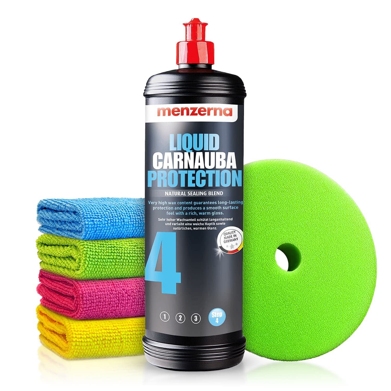Autopolitur Set: Menzerna Liquid Carnauba Protection Wachs-Versiegelung (1L) - Schütz langanhaltend & erzeugt eine glatte Oberfläche - Auto polieren, Politur, Glanz, Exzenter, Rotation | 6-teilig