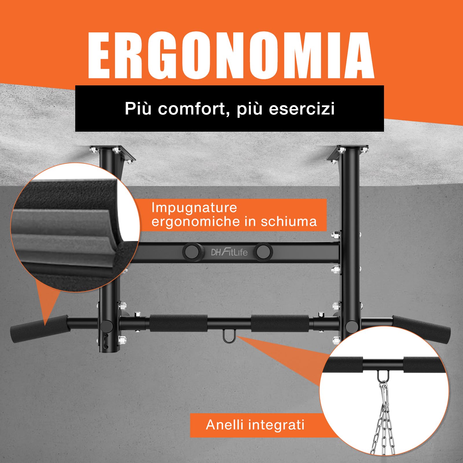 DH FitLife Sbarra per Trazioni da Soffitto 4 in 1 fino a 300 kg, Pull Up Bar Multifunzione per Home Gym, 8 Impugnature Antiscivolo, 3 Occhielli per Sacco da Boxe & Sling Trainer, Stabile & Sicura