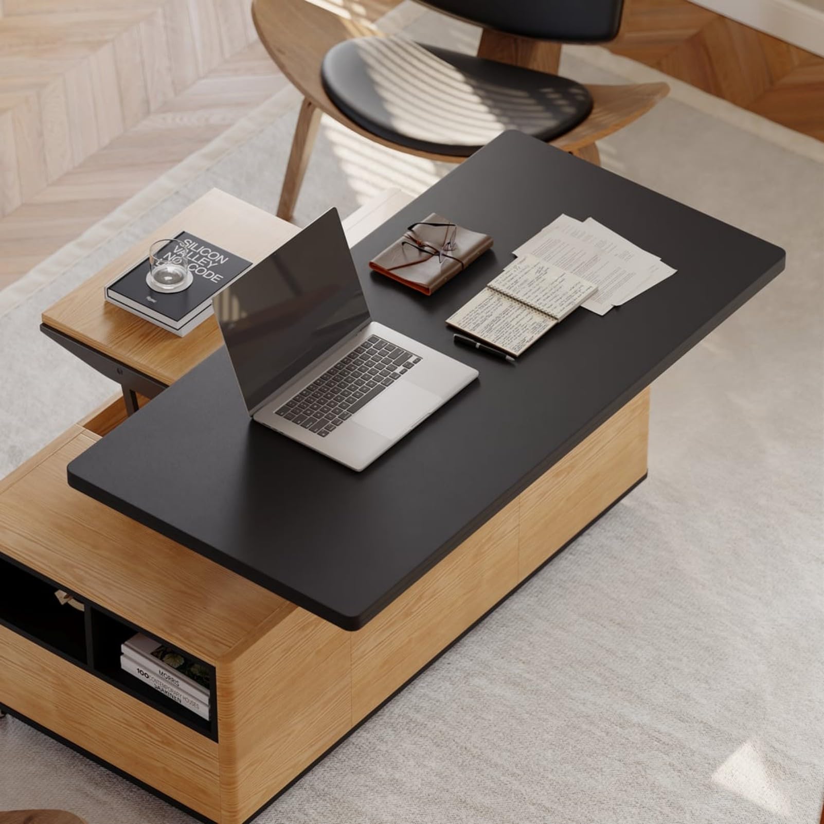 Homary Table Basse Relevable, Table Basse Salon Bois avec Rangement Caché, Mode Bureau Salle à Manger, Tournante Hydraulique, Meuble Convertible, Hauteur Réglable, Tabouret Non Inclus