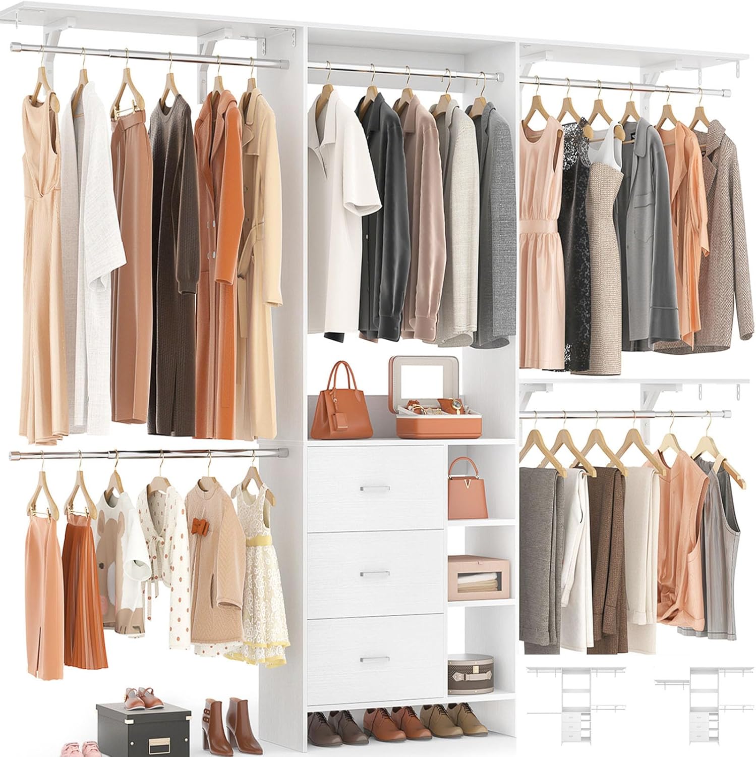 Aheaplus Closet System, Closet Organizer with 3 Wooden