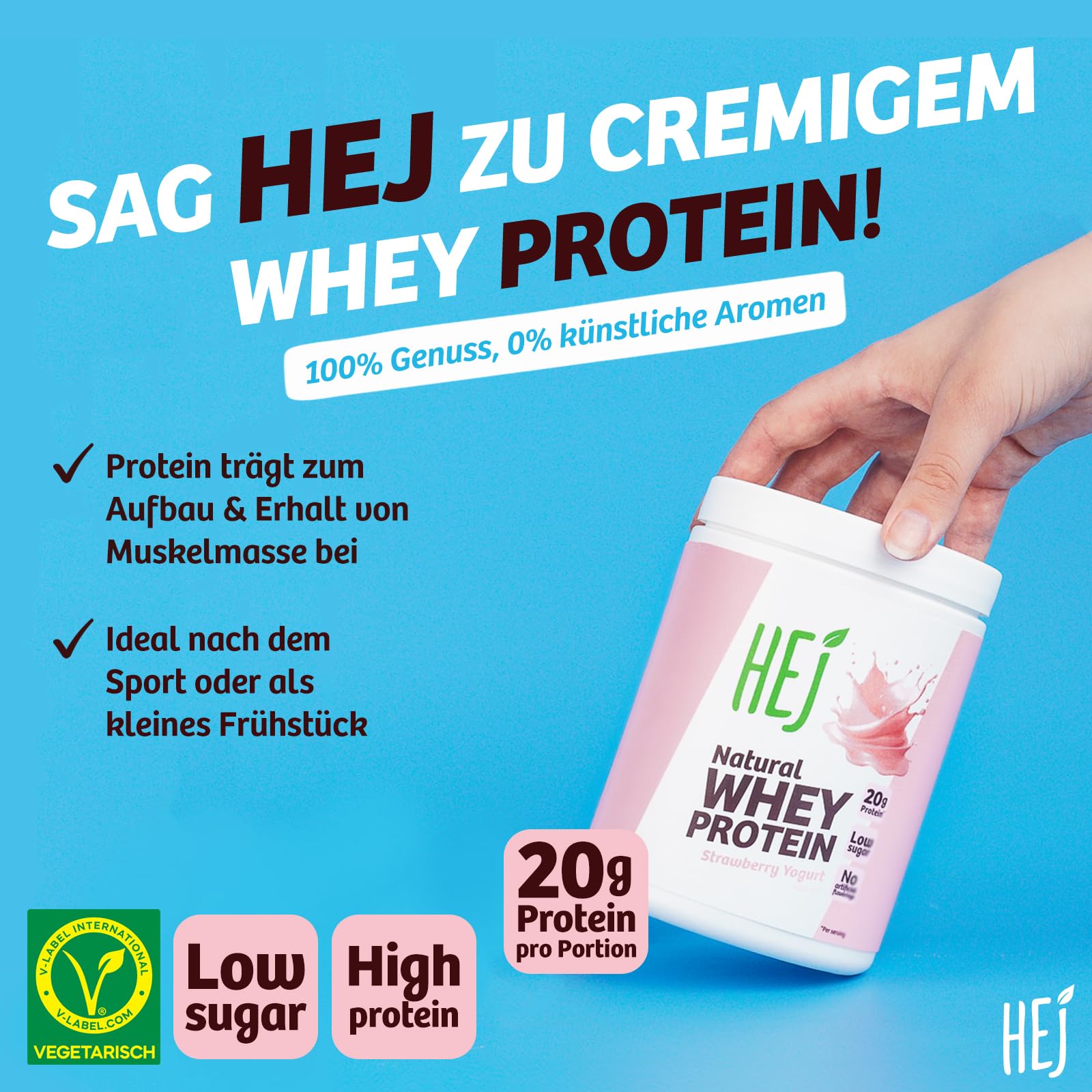 HEJ Whey Protein Pulver - Eiweißpulver für Muskelaufbau & Fitness - 22,1g Eiweiß pro Portion - Als Shake oder Zutat - Strawberry Yogurt 300g
